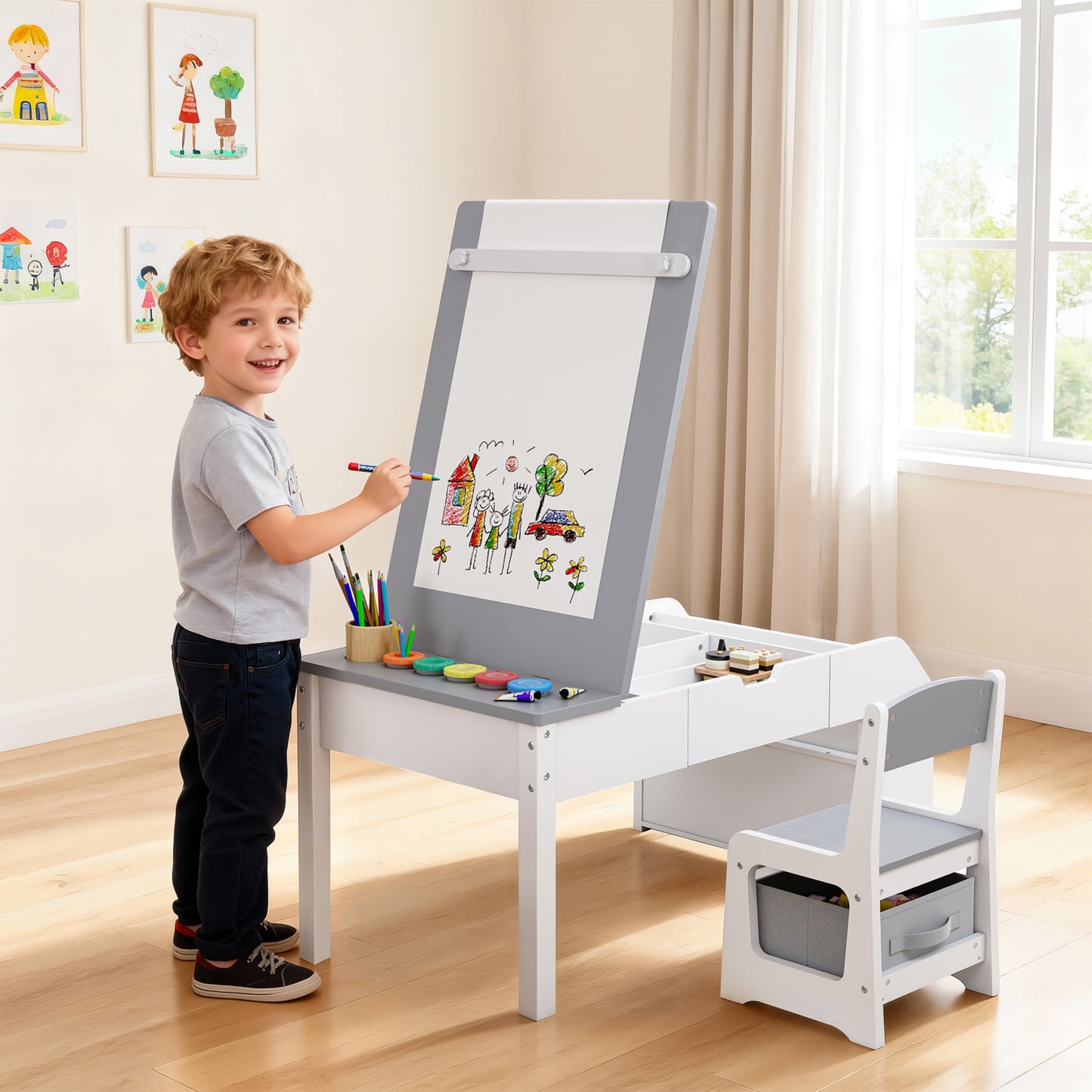 Anyact 5-in-1 Kids Art Table w/Easel, Toddler Craft Table & Chair Set for Drawing with Paper Roll Holder & Storage Drawers, Child Activity Table, Gray