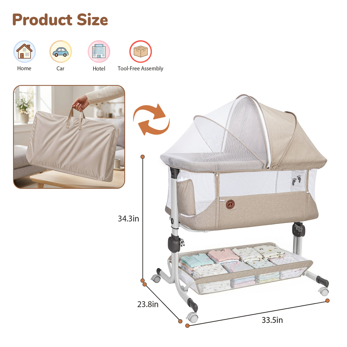 Vipuse 3-in-1 Baby Bassinet Bedside Sleeper, 6 Height Adjustments, Full Mesh Breathable, Portable Newborn Baby Crib with Storage Basket,Oatmeal