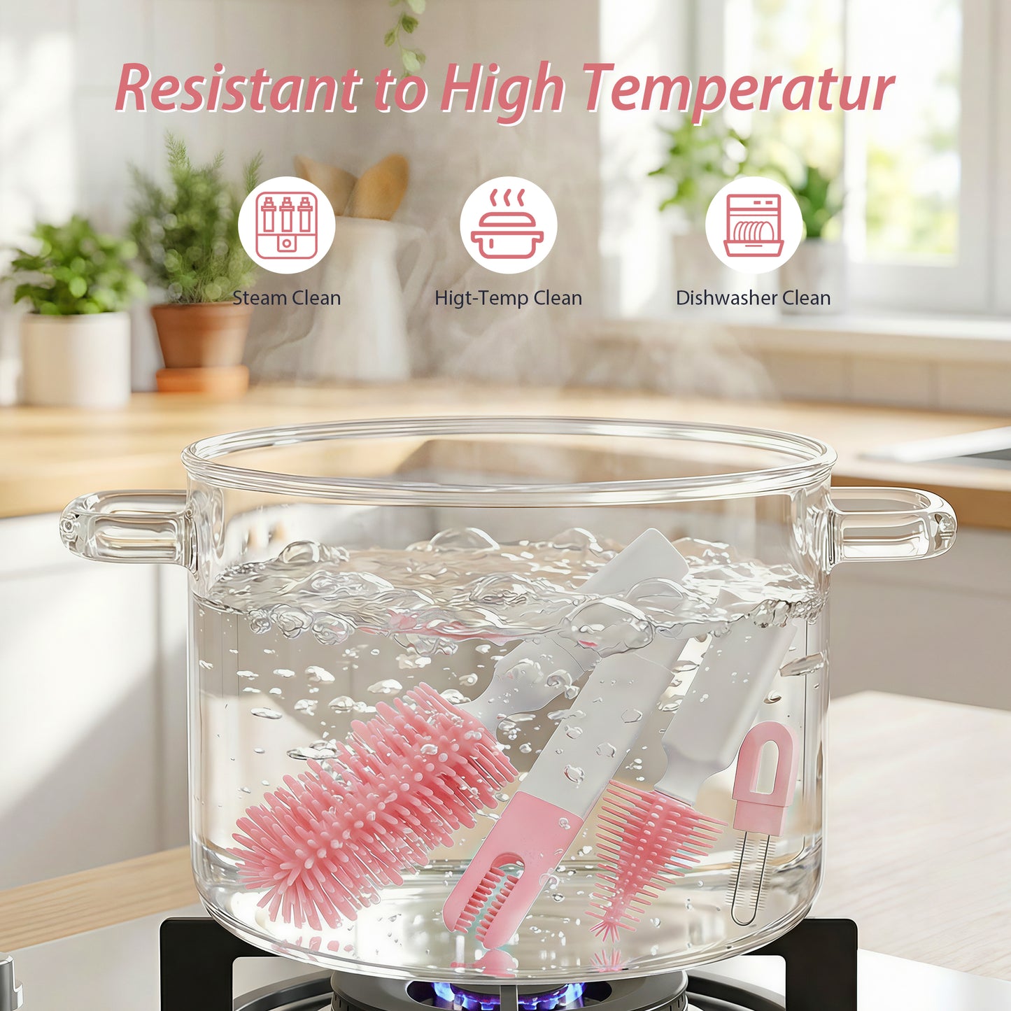 Minikid Baby Bottle Brush Set, 9-in-1 Portable Travel Bottle Cleaning Kit, BPA-free, Compact Travel Baby Essential for Home & On The Go, Pink