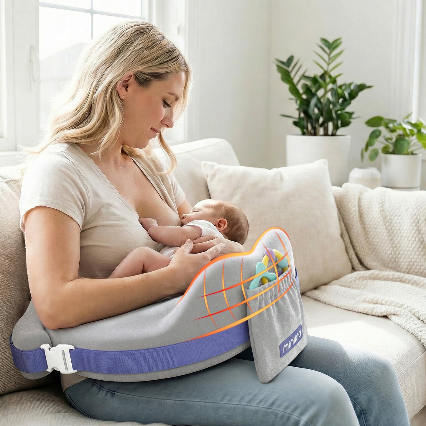 Minikid Nursing Pillow for Breastfeeding,60D Firm Memory Foam, Ergonomic Design with Lumbar & Arm Support, Safety Fence, Adjustable,Safe and Comfortable Feeding