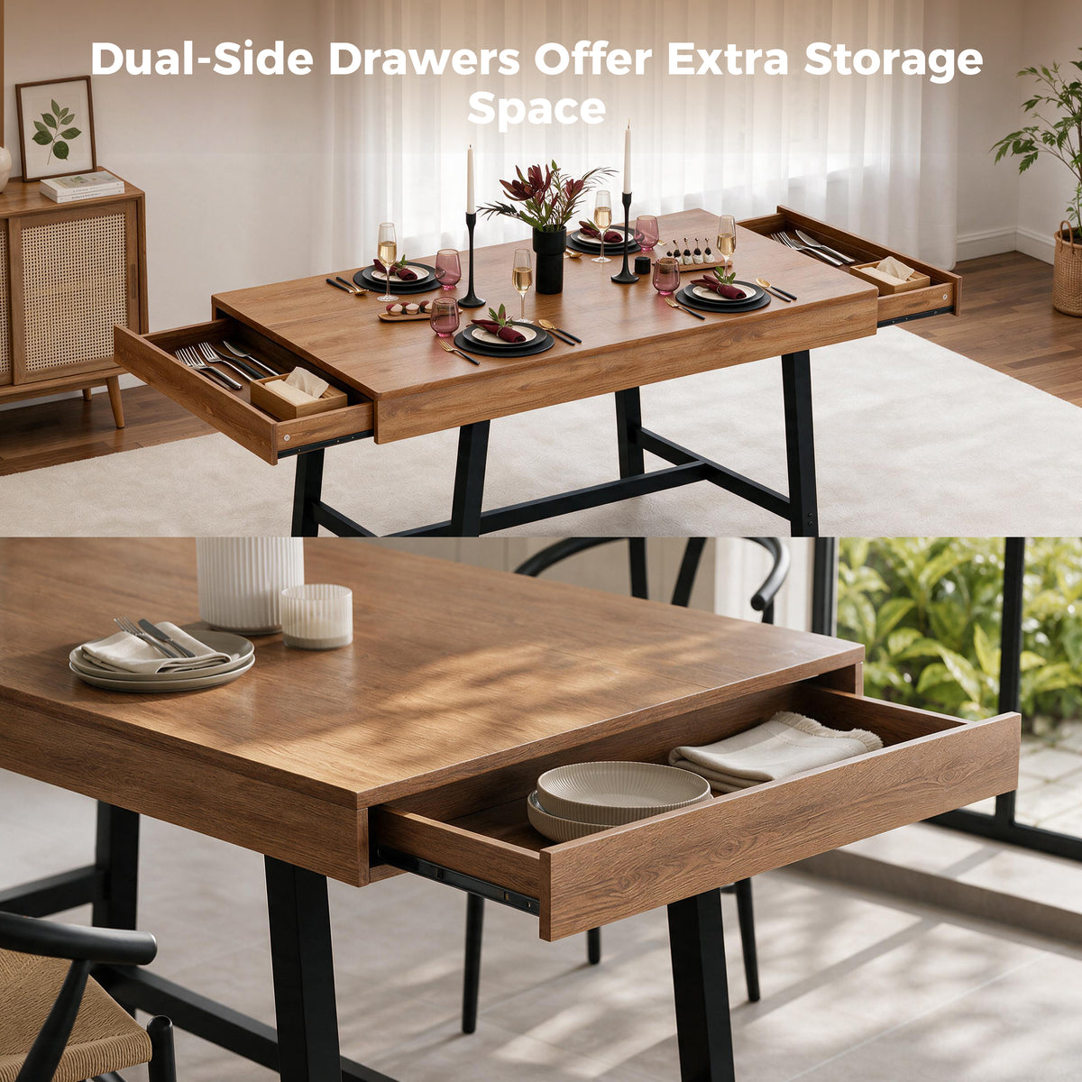 HiJob 71" Dining Table for 6-8 People with 2 Storage Drawers, 3.94" Thickened Tabletop, Modern Farmhouse Rectangular Wood Kitchen Table, Walnut Finish