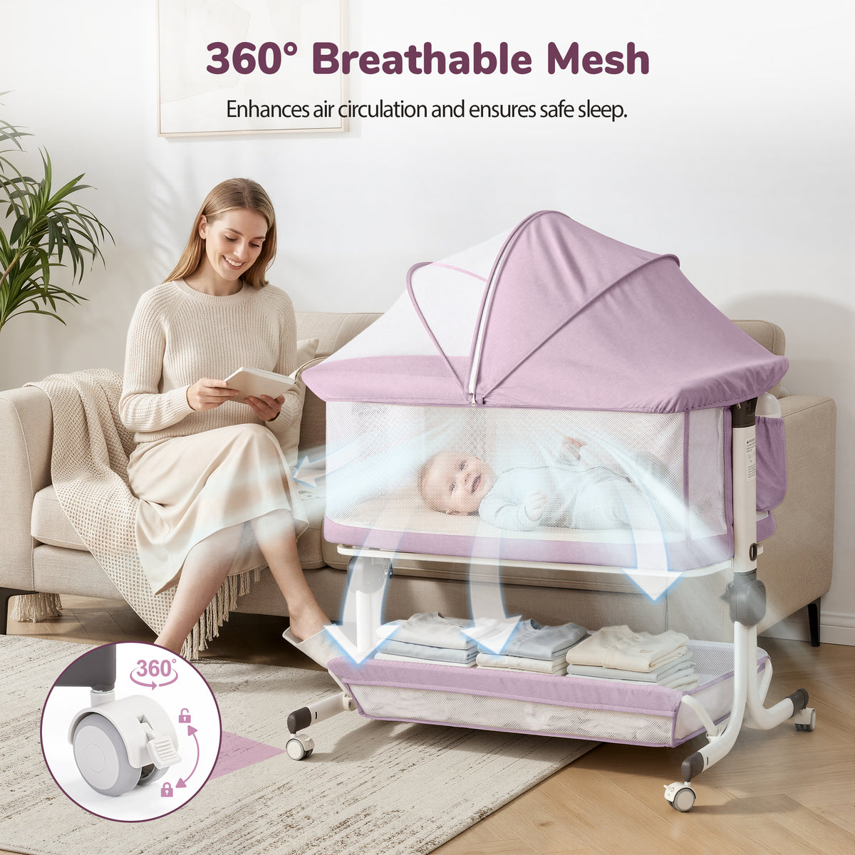 Vipuse 3-in-1 Baby Bassinet Bedside Sleeper, 6 Height Adjustments, Full Mesh Breathable, Portable Newborn Baby Crib with Storage Basket, Pinkish Purple