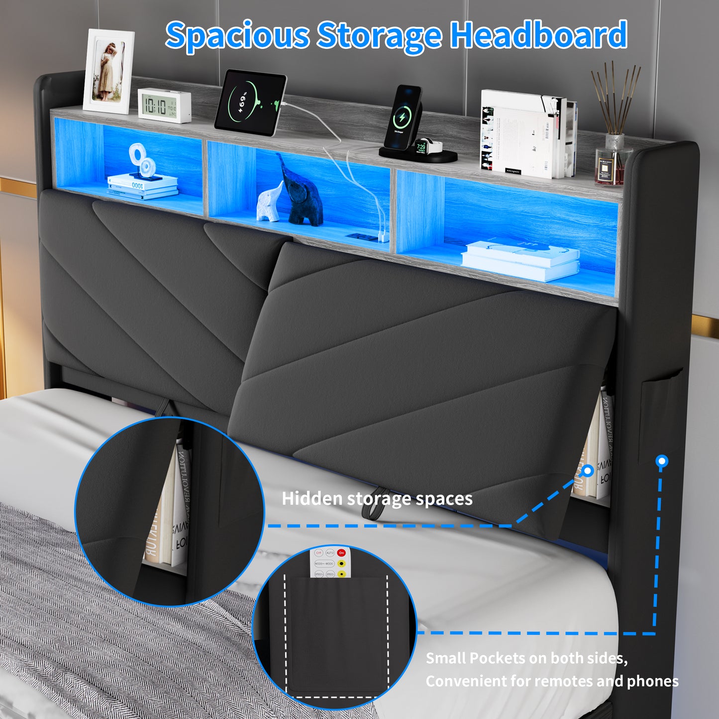 Anyact Full Size Floating Bed Frame with LED Upholstered Platform, Velvet Bed Frame & Ergonomic Storage Headboard, Charging Station, Gray