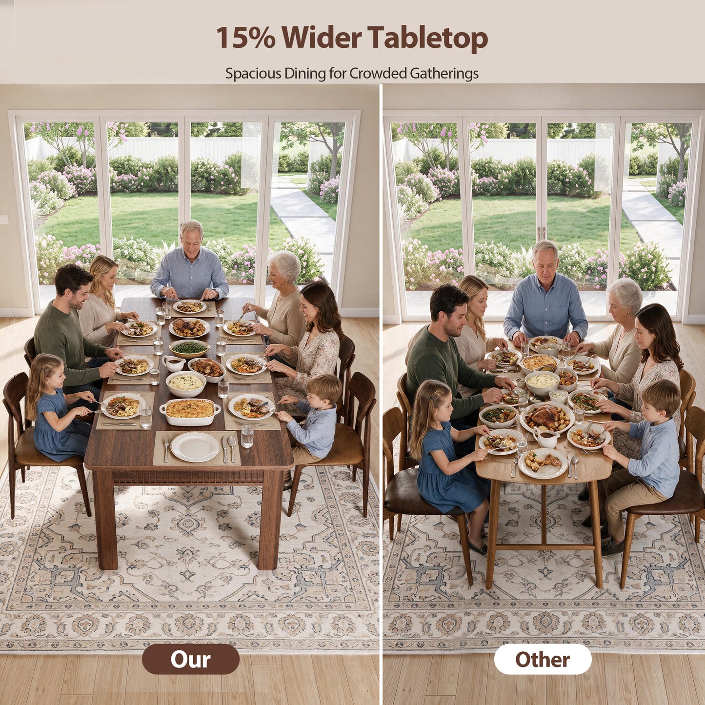 HiJob 70" Dining Table for 6-8 People, Fluted Modern Farmhouse Kitchen Table with 35.5" Extra-Wide Tabletop, Large Rectangular Wood Dining Table, Walnut Finish