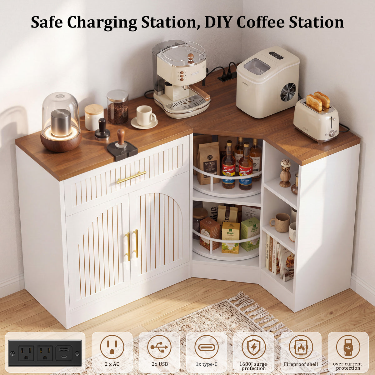 HiJob 47.3" Wide Corner Coffee Bar Cabinet with Charging Station and 2-Tier Lazy Susan, L-Shaped Kitchen Fluted Buffet Sideboard with Drawer and Microwave Shelf, White