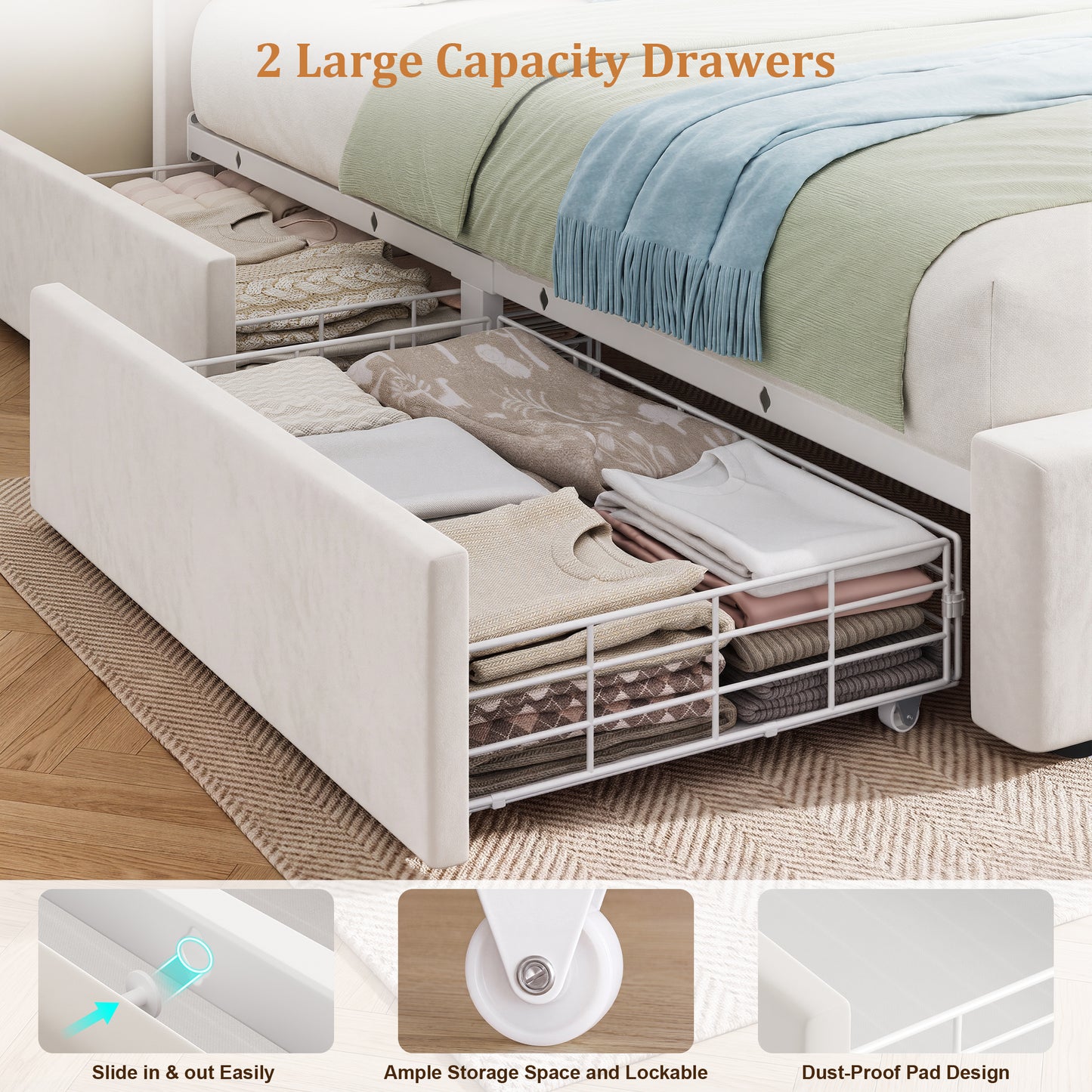 Hijob Queen Bed Frame with Headboard, Beige Velvet Tufted Headboard and 2 Storage Drawers, No Box Spring Needed, Built in Charging Station & LED Lights, Light Beige