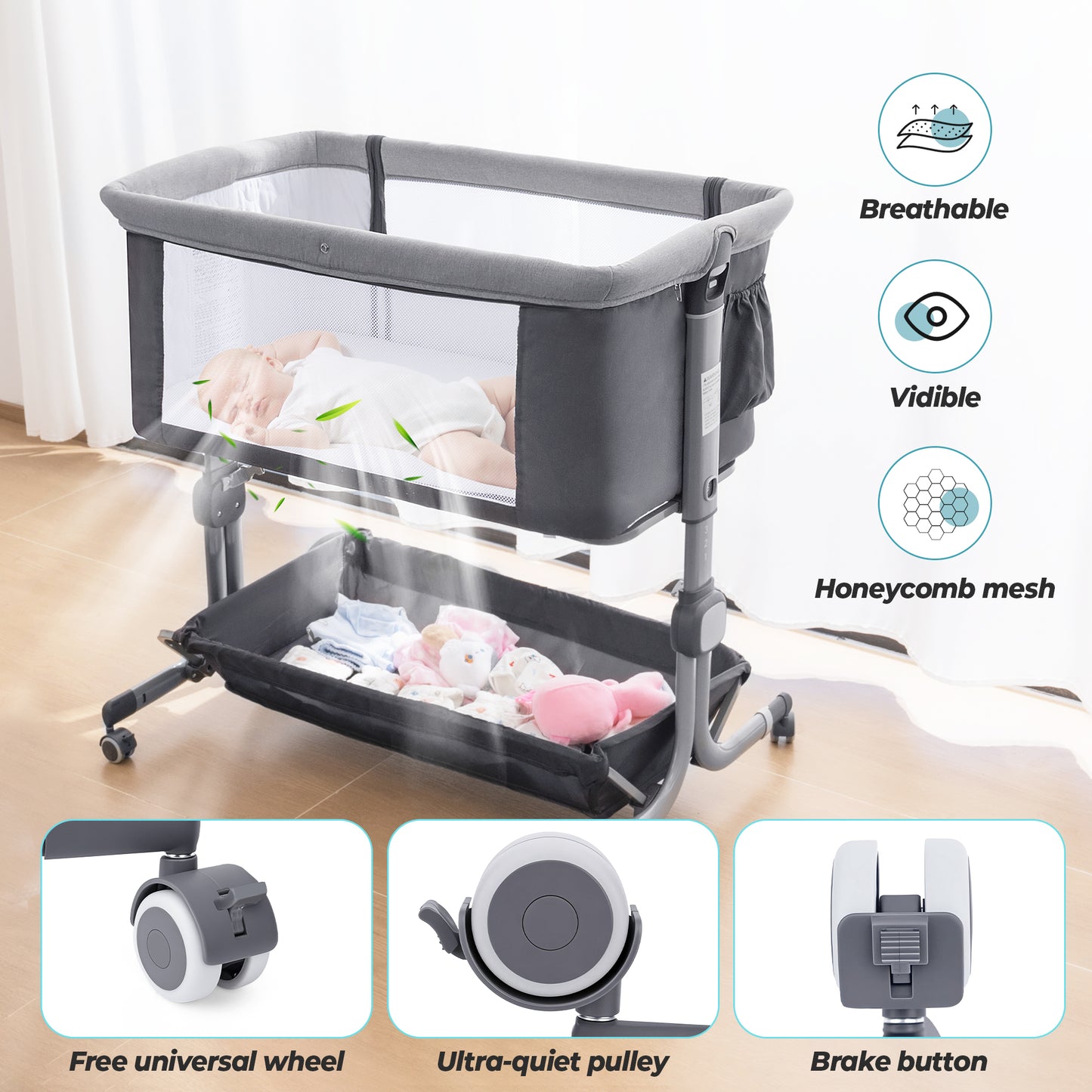 Anyask Baby Bedside Bassinet with 6 Height Adjustable & Mosquito Net & Storage&Lockable Wheels for Infants, Dark Grey