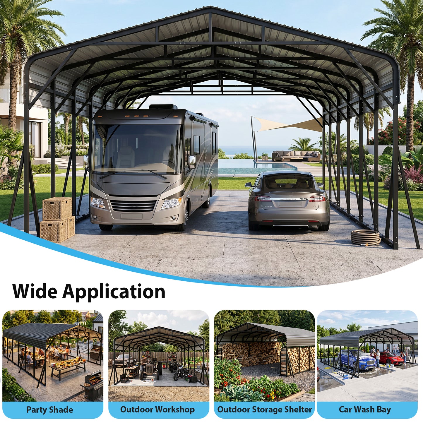 Cocosity 20x30 FT Large Outdoor Metal Carport, Heavy Duty Hardtop Car Shelter with Reinforced Supports for Multiple Vehicles, RV, Boats, Tractors and Farm Equipment