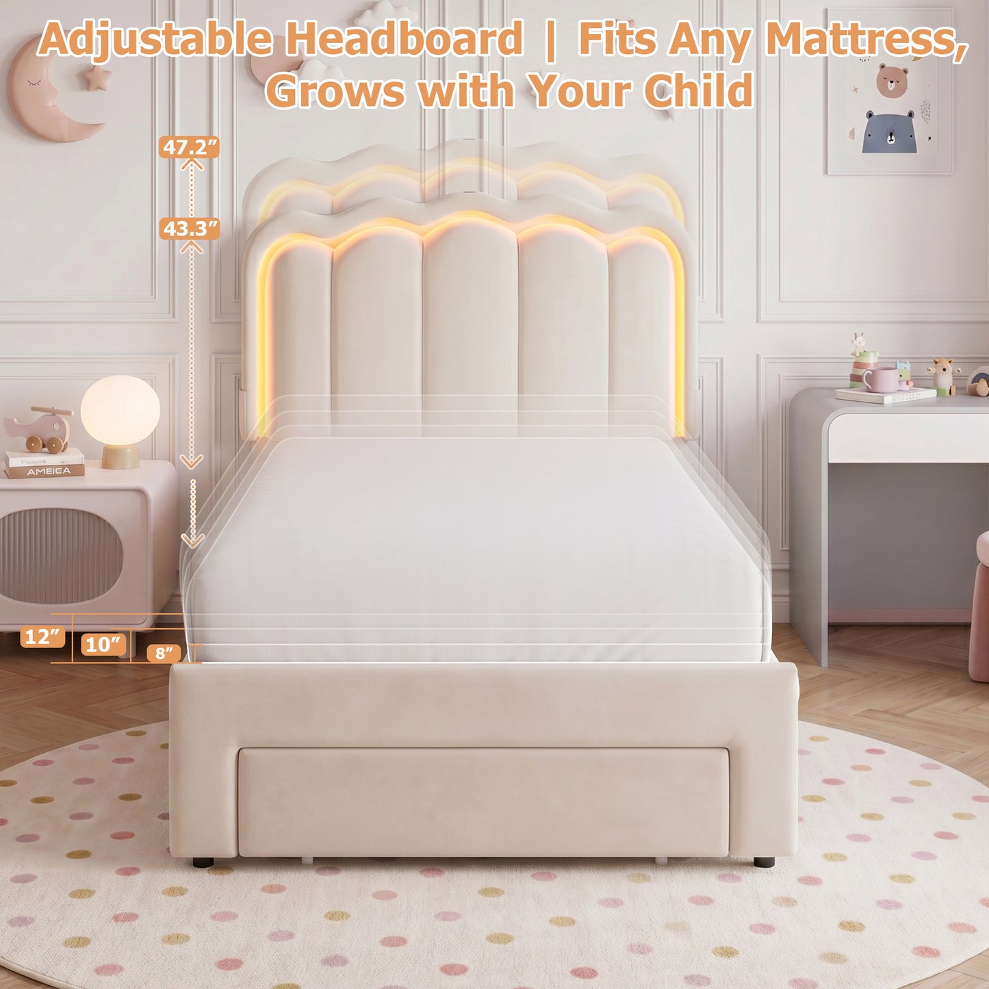 Hijob Twin Size LED Bed Frame for Girls/Kids with Storage Drawers, Velvet Upholstered Platform Bed with Adjustable Headboard, No Box Spring Needed, Beige