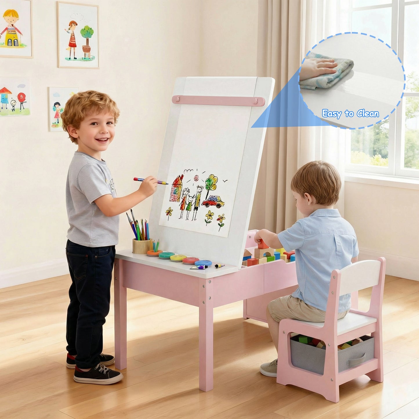 Hijob 5-in-1 Kids Art Table & Chair Set – Convertible Easel with Paper Roll Holder, Storage Drawers & Foldable Craft Desk, Toddler Activity Learning Center for Playroom, Pink