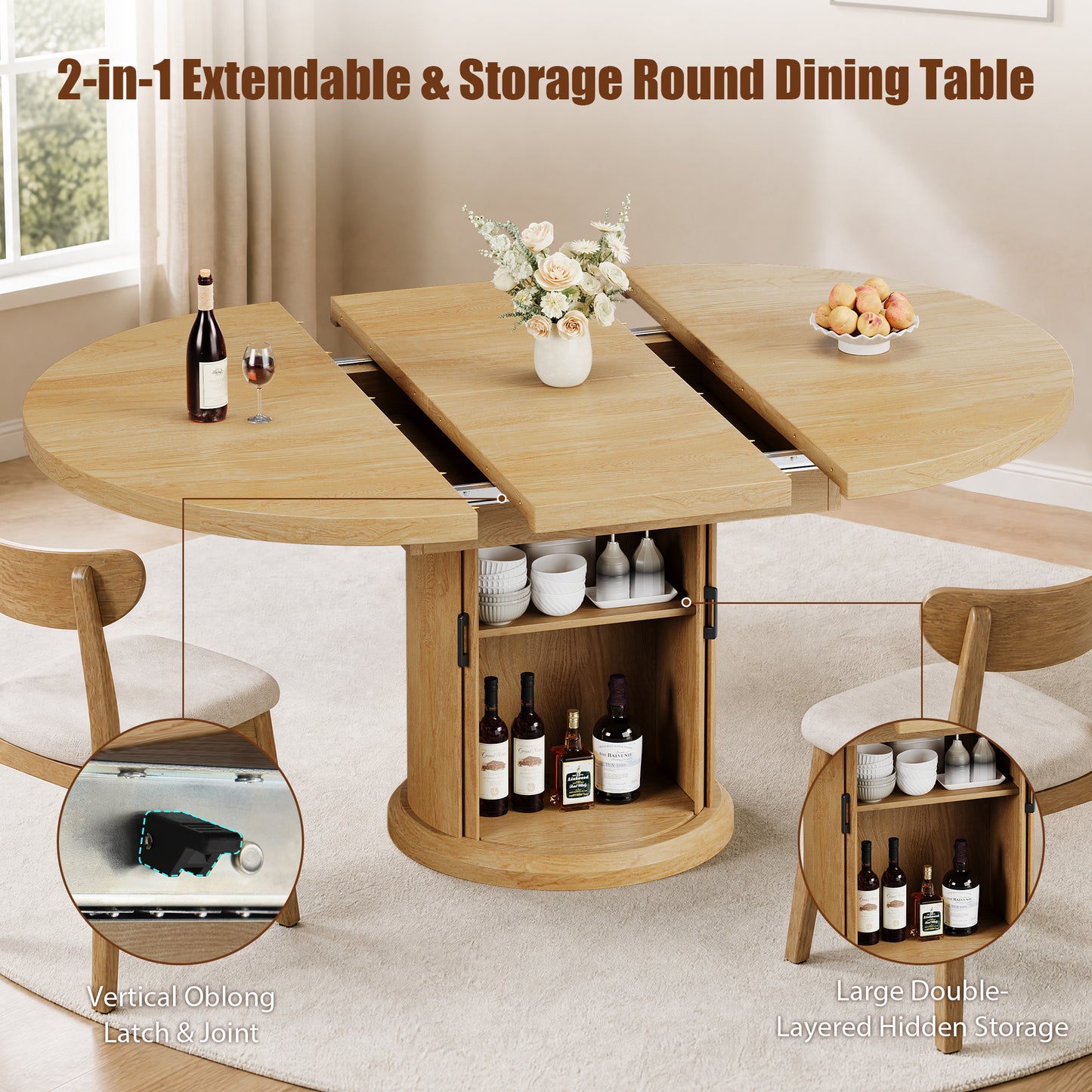 Hijob 47″–63″ Extendable Dining Table with 2 Tier Storage Cabinet - Oval Dining Table Convertible Round Kitchen Table for 4-8 People, Natural