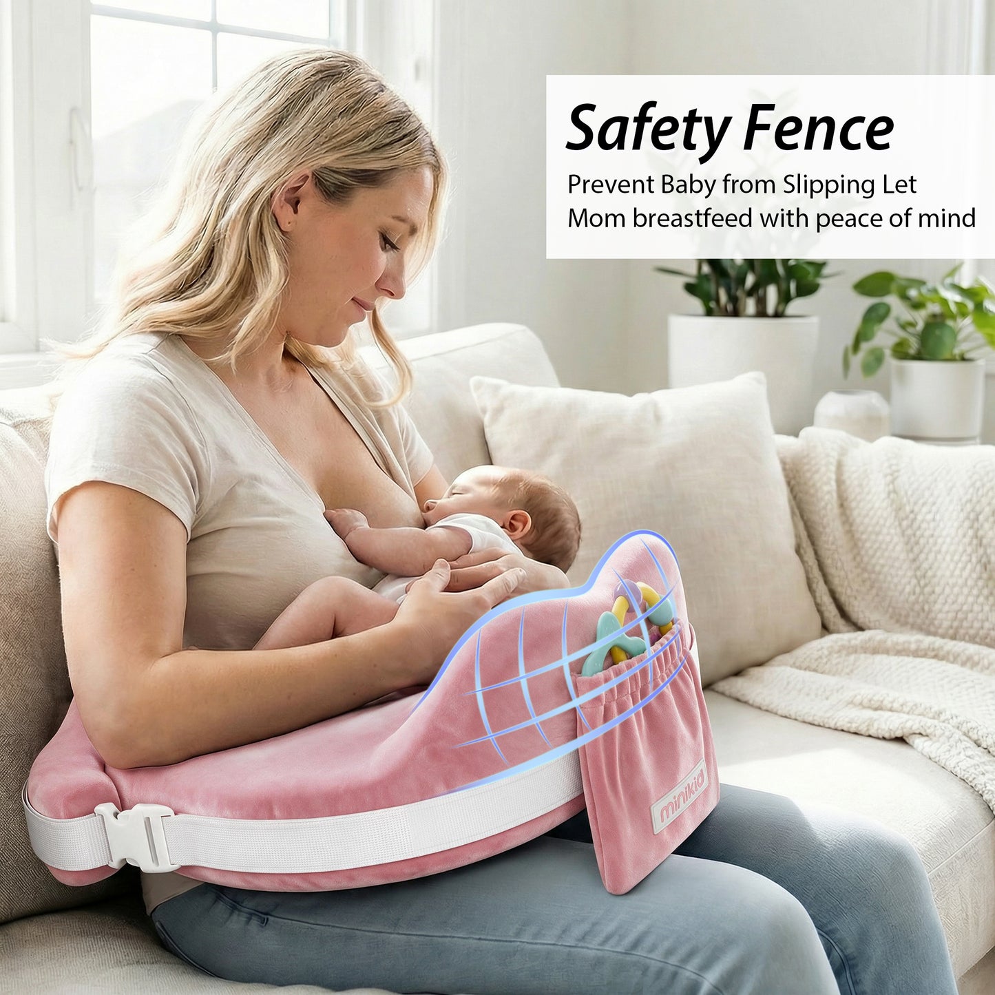 Vipuse Nursing Pillow for Breastfeeding,60D Firm Memory Foam, Ergonomic Design with Lumbar & Arm Support, Safety Fence, Adjustable,Safe and Comfortable Feeding,Pink