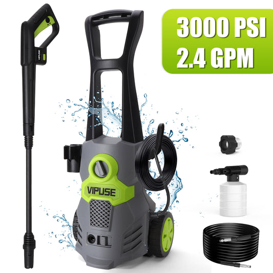Vipuse Electric Pressure Washer, 3000 PSI Max.2.4GPM Power Washer with Rotatable 0-120° Nozzle/23ft Hose /350ML Foam Cannon, Clean Tool for Cars/Fences/Patios/Floor