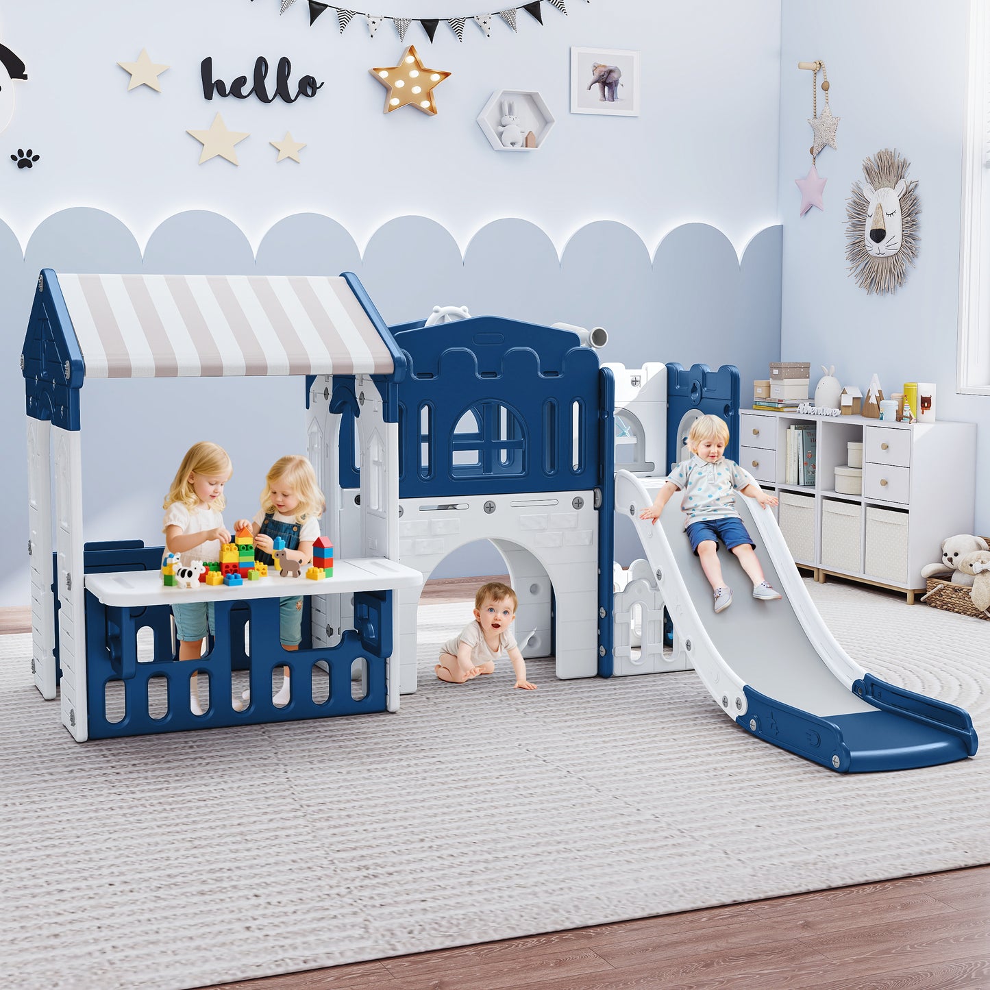 WFUN 9 in 1 Indoor Infant Toddler Playground Slides Playset for Backyard Home, Blue & Gray