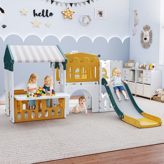Vipuse Playhouse Playsets with Slide, 9 in 1 Playground Toddler Slide for Indoor Outdoor Backyard,Yellow & Green