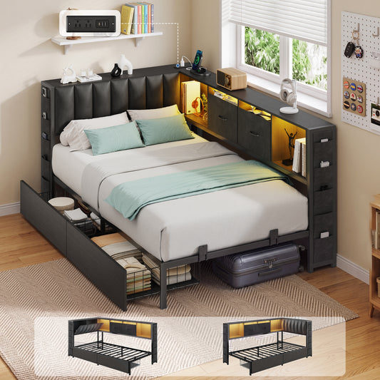 HiJob Twin Corner Bed Frame with Upholstered Storage Headboard, 2 Large Storage Drawers