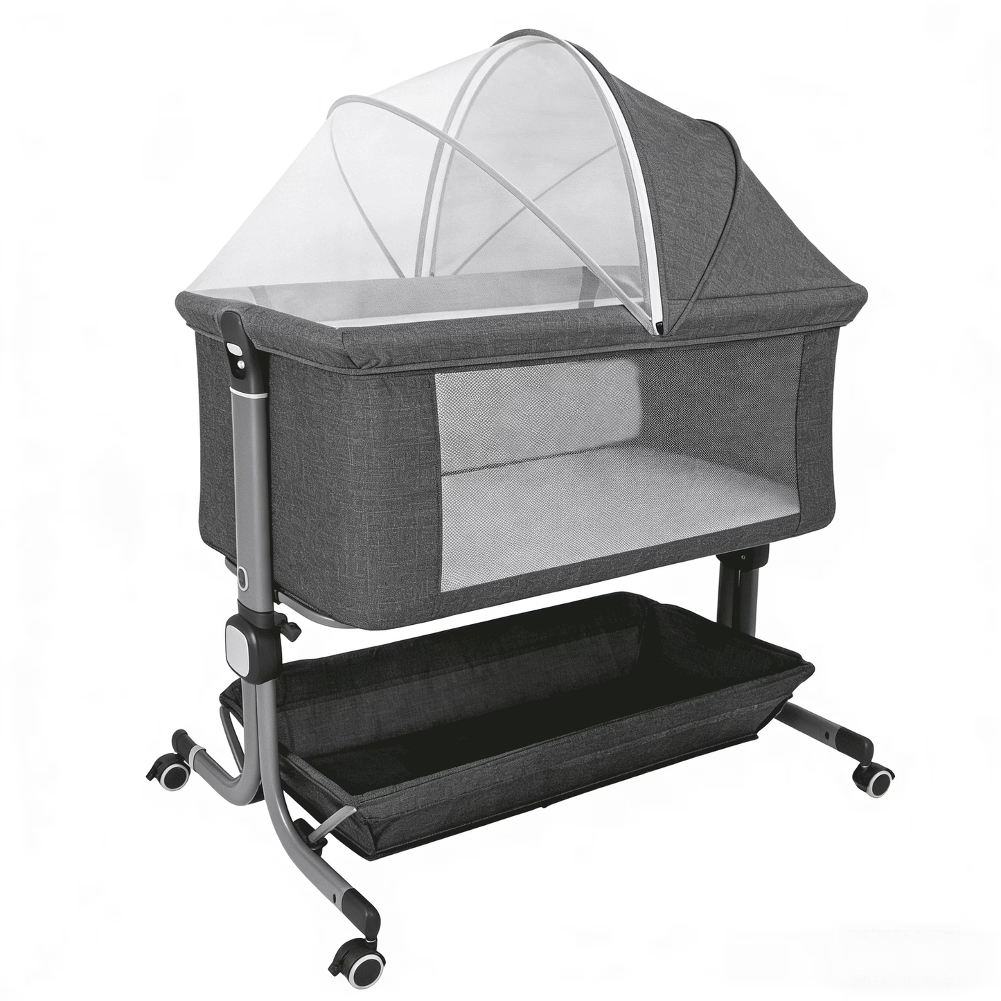 Anyask Baby Bedside Bassinet with 6 Height Adjustable & Mosquito Net & Storage&Lockable Wheels for Infants, Dark Grey