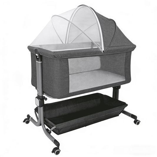 Anyask Baby Bedside Bassinet with 6 Height Adjustable & Mosquito Net & Storage&Lockable Wheels for Infants, Dark Grey