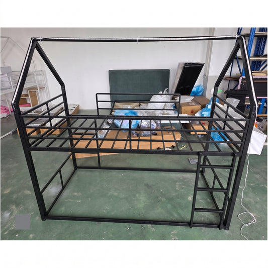 Hijob Low Loft Bed Twin Size, Black Metal Frame Bed with LED Lights, Safety Guardrail & Play Curtain for Under-Bed Fun