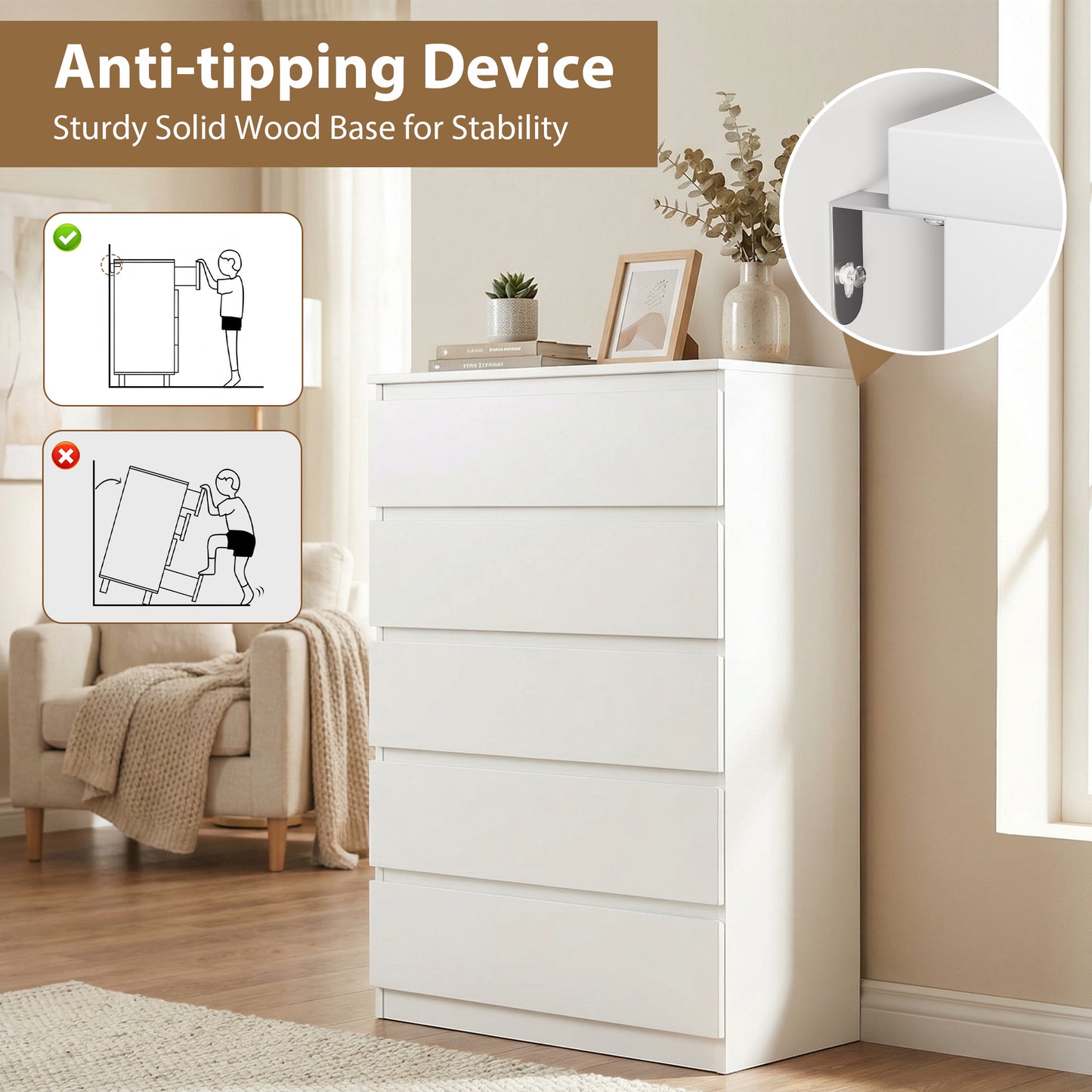 Hijob 5 Drawer Dresser, Modern Storage Cabinet for Bedroom, 40" Tall Chest Mid Century Vertical Dresser w/Natural Texture of Drawers for Living Room, Bed room, White
