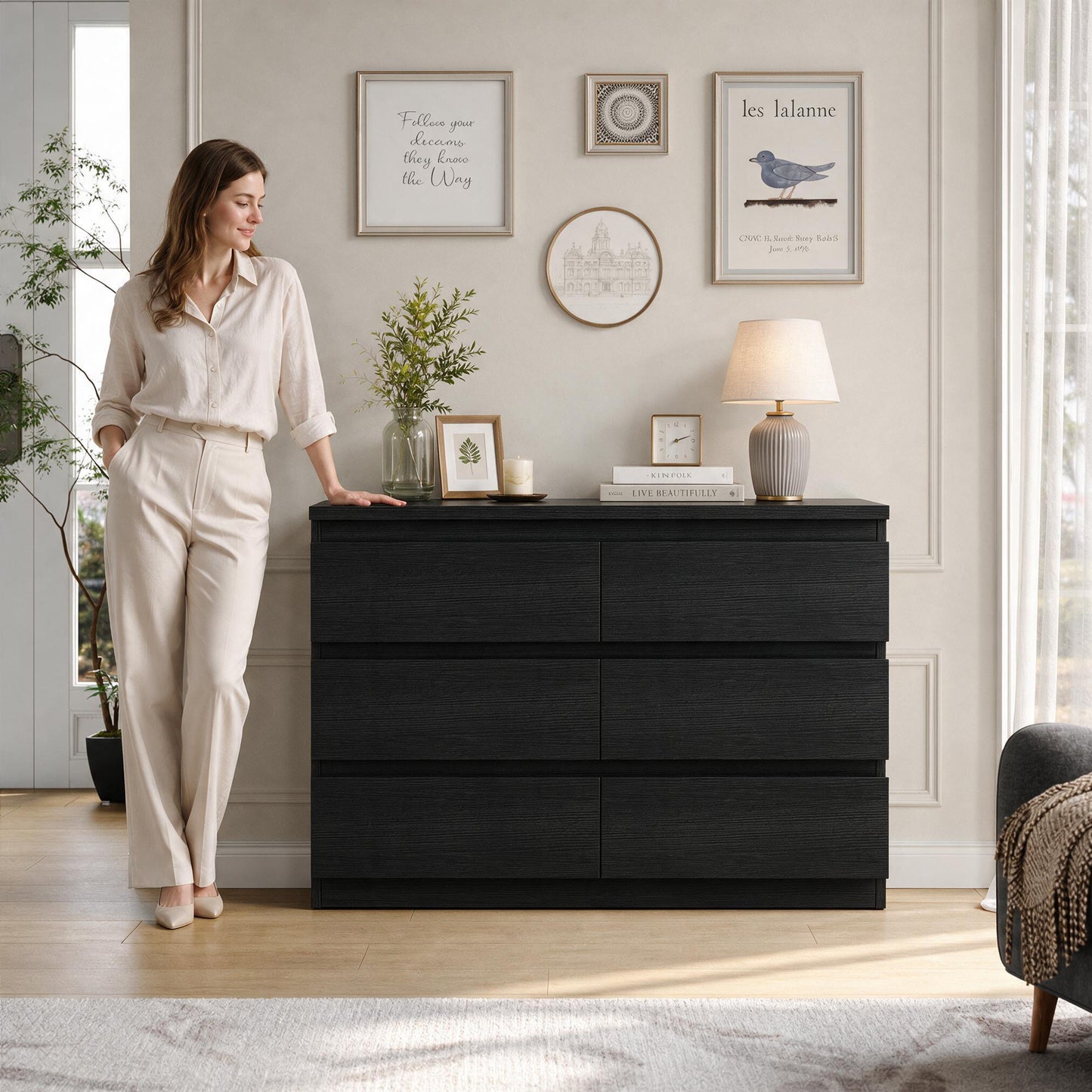 Hijob 6-Drawer Dresser, Modern Dresser 47.3" W x 15.4" D x 32.3" H Sturdy Simply Chest of Drawers, Handle-Free Storage Organizer and Deep Drawers for Bedroom Living Room Entryway, Black
