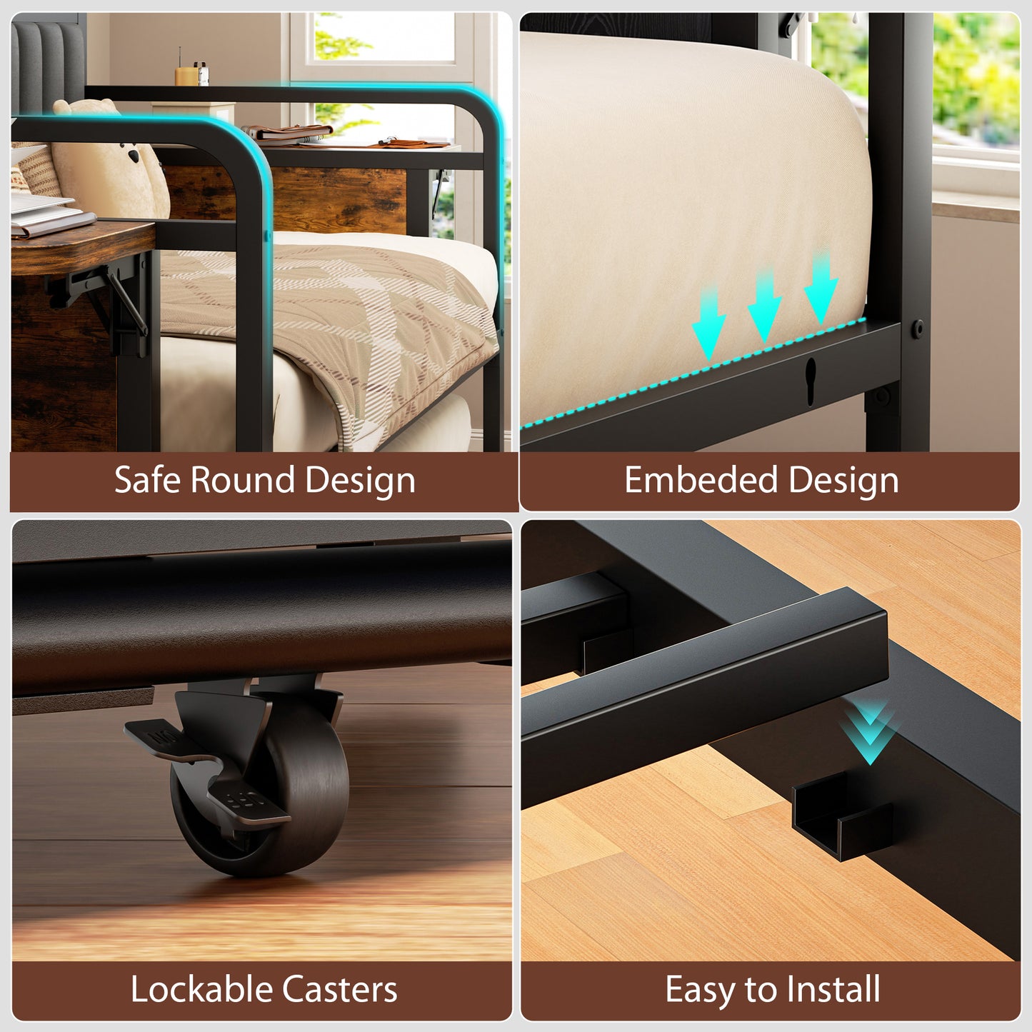 Hijob Daybed with Side Table/Charging Station/Upholstered Storage Headboard/LED Light/Pop-upTrundle, Industrial Heavy Duty Metal Twin Sofa Bed Frame for Guest Living Room/Bedroom,Black&Brown