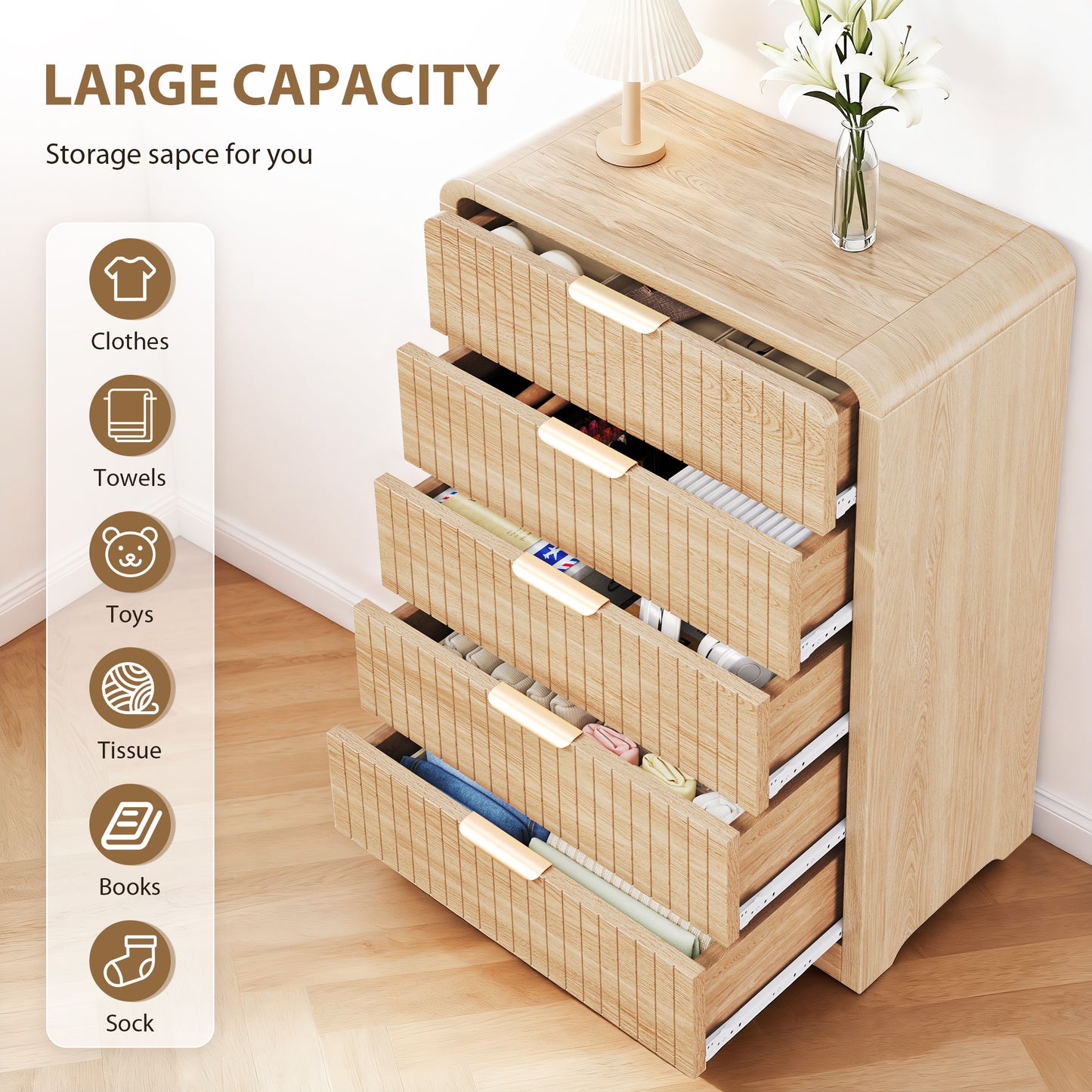 Hijob Fluted 5 Drawers Dresser for Bedroom, 42" Tall Dressers with Metal Handle w/Curved Profile Design, Wood Mid Century Vertical Dresser w/Natural Texture for Bedroom, Living Room, Natural Oak