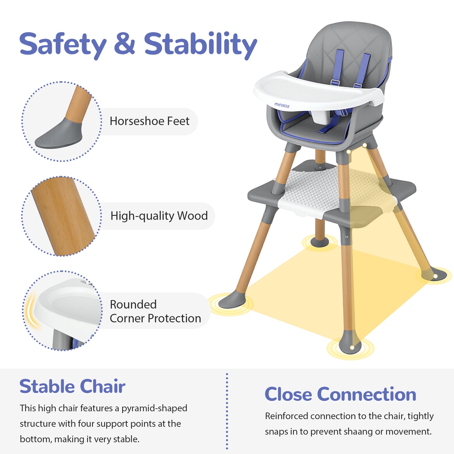 Minikid Wooden Baby High Chair with Removable Tray, 8 in 1 Convertible Feeding Highchair for Toddlers,Gray