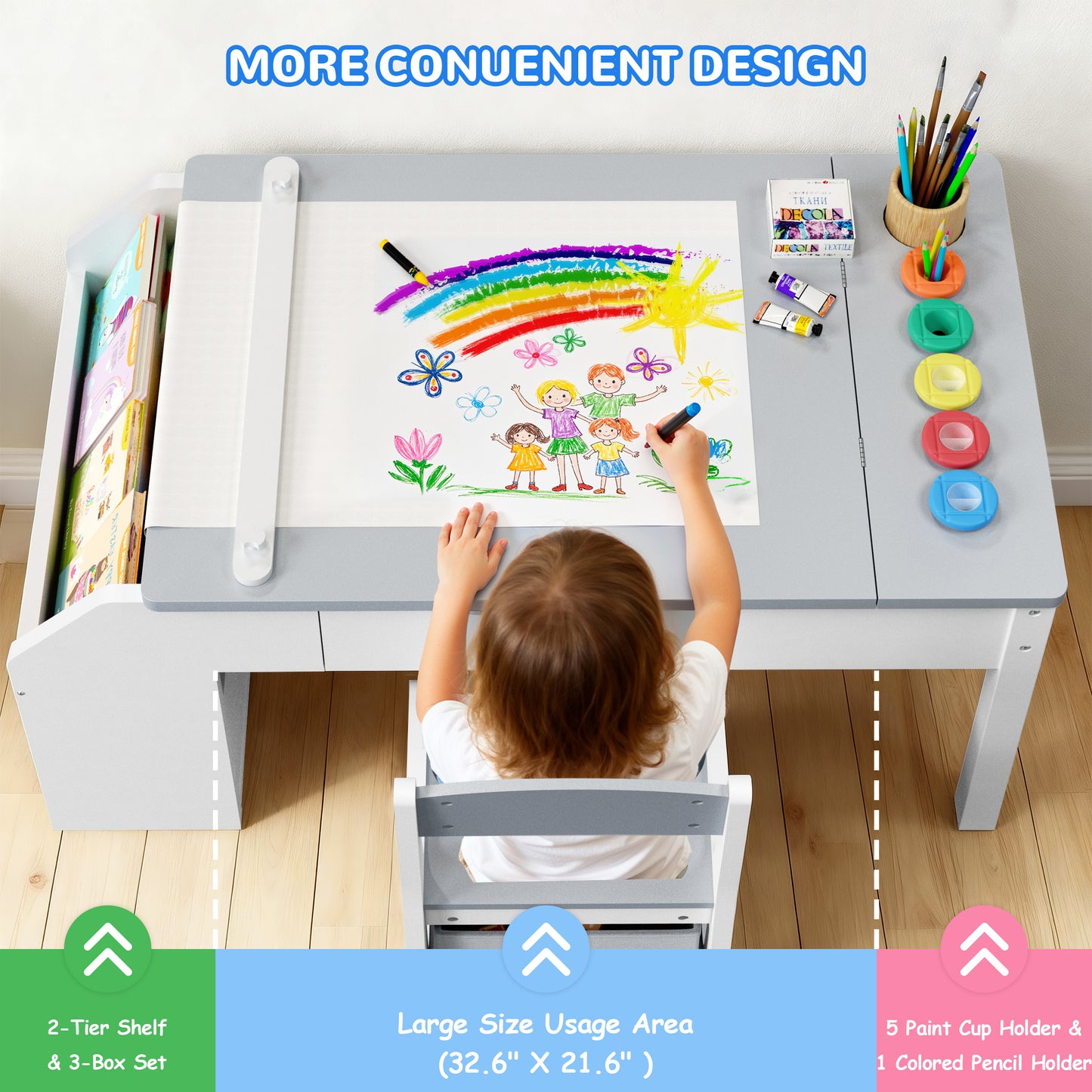 Hijob 5-in-1 Kids Art Table & Chair Set – Convertible Easel with Paper Roll Holder, Storage Drawers & Foldable Craft Desk, Toddler Activity Learning Center for Playroom, Gray
