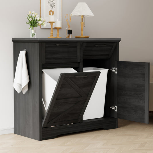 Anyact Double Tilt Out Trash Cabinet, Wooden Free Standing Trash Cabinet with Drawer, 20 Gallon Tilt Out Trash Cabinet (Black)