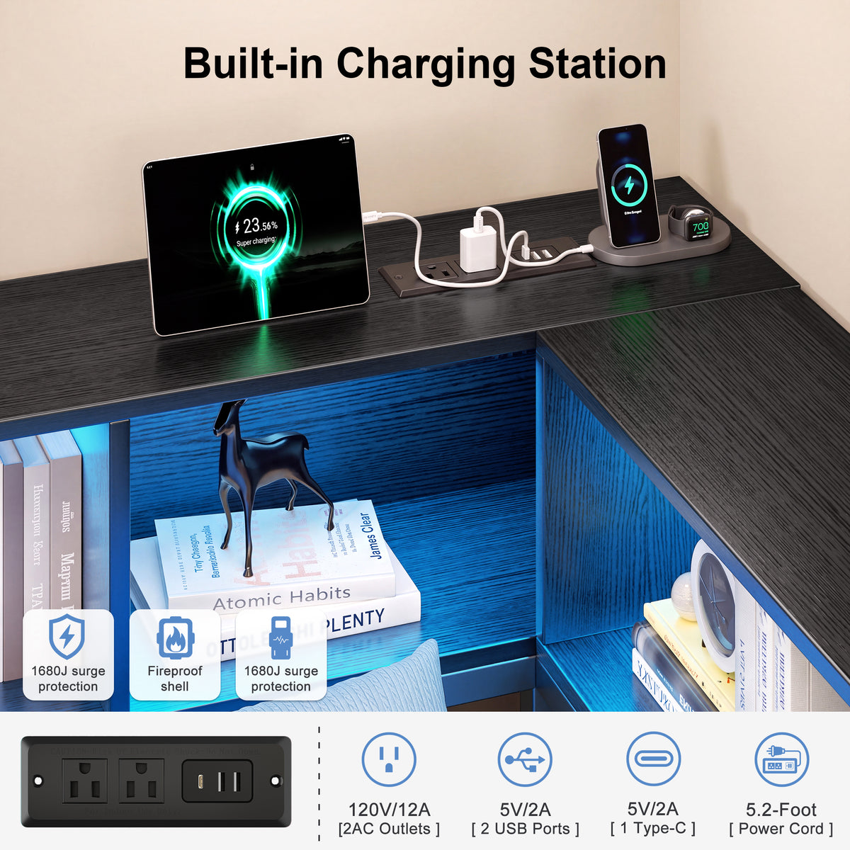 HiJob Twin Corner Bed Frame with 4 Large Underbed Drawers, Bookshelf, RGB LED Lights and Charging Station, L-Shaped Metal Twin Daybed for Bedroom, Apartment, Black