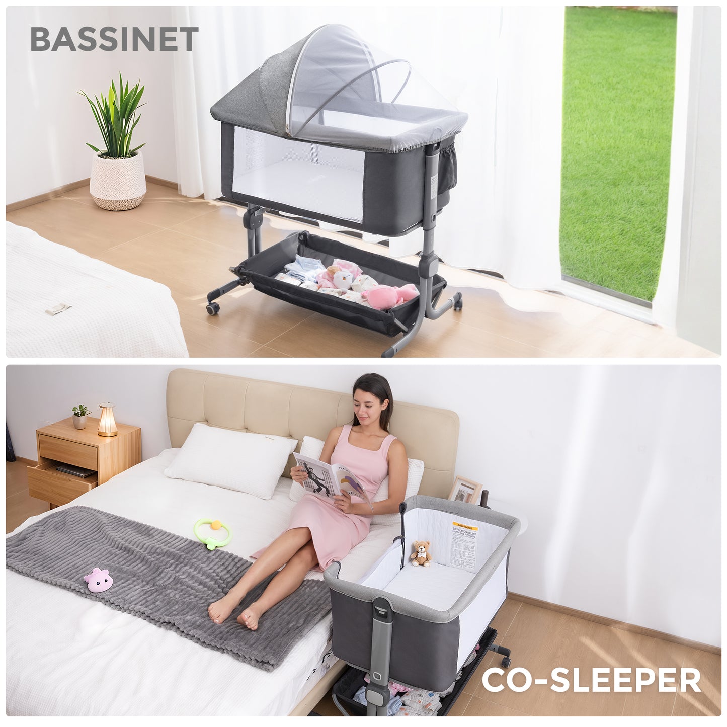 Anyask Baby Bedside Bassinet with 6 Height Adjustable & Mosquito Net & Storage&Lockable Wheels for Infants, Dark Grey