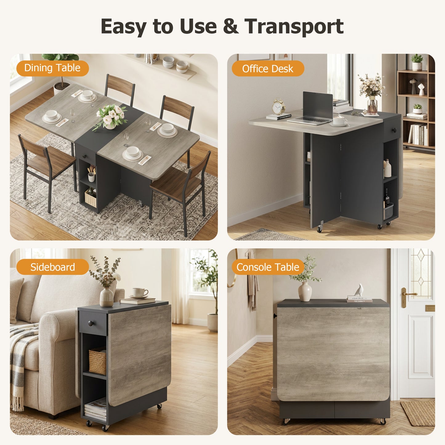 Hijob Folding Dining Table for 4, Drop Leaf Dining Table with 6 Wheels and 2-Layer Storage Shelf, Space Saving Kitchen Table for Small Spaces, Apartment, Grey Carlo Oak + Matte Black