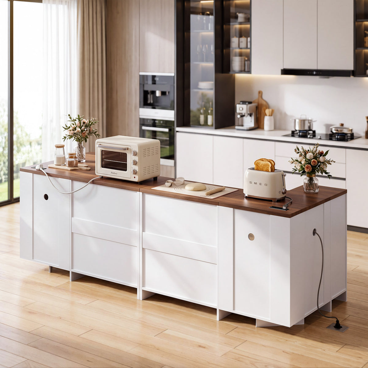 HiJob 47.3" Wide Corner Coffee Bar Cabinet with Charging Station and 2-Tier Lazy Susan, L-Shaped Kitchen Fluted Buffet Sideboard with Drawer and Microwave Shelf, White