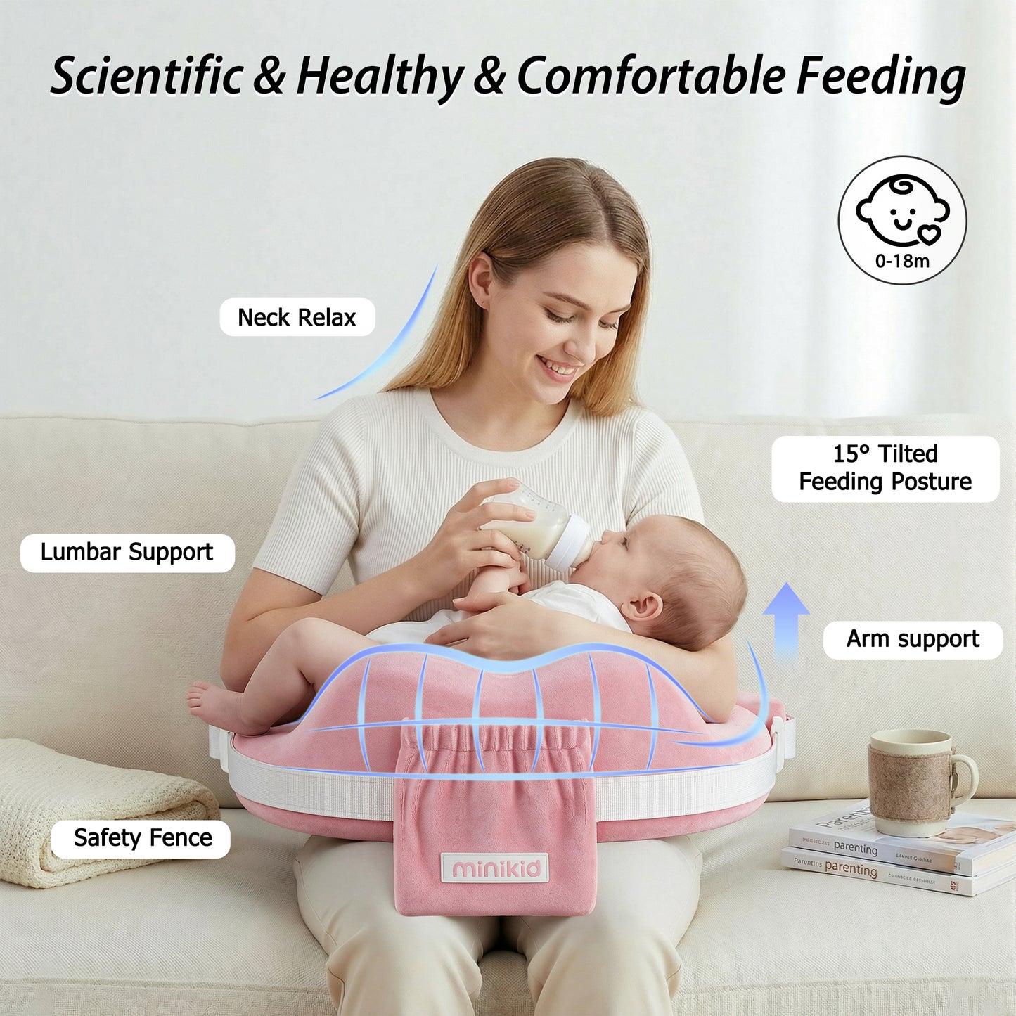 Vipuse Nursing Pillow for Breastfeeding,60D Firm Memory Foam, Ergonomic Design with Lumbar & Arm Support, Safety Fence, Adjustable,Safe and Comfortable Feeding,Pink