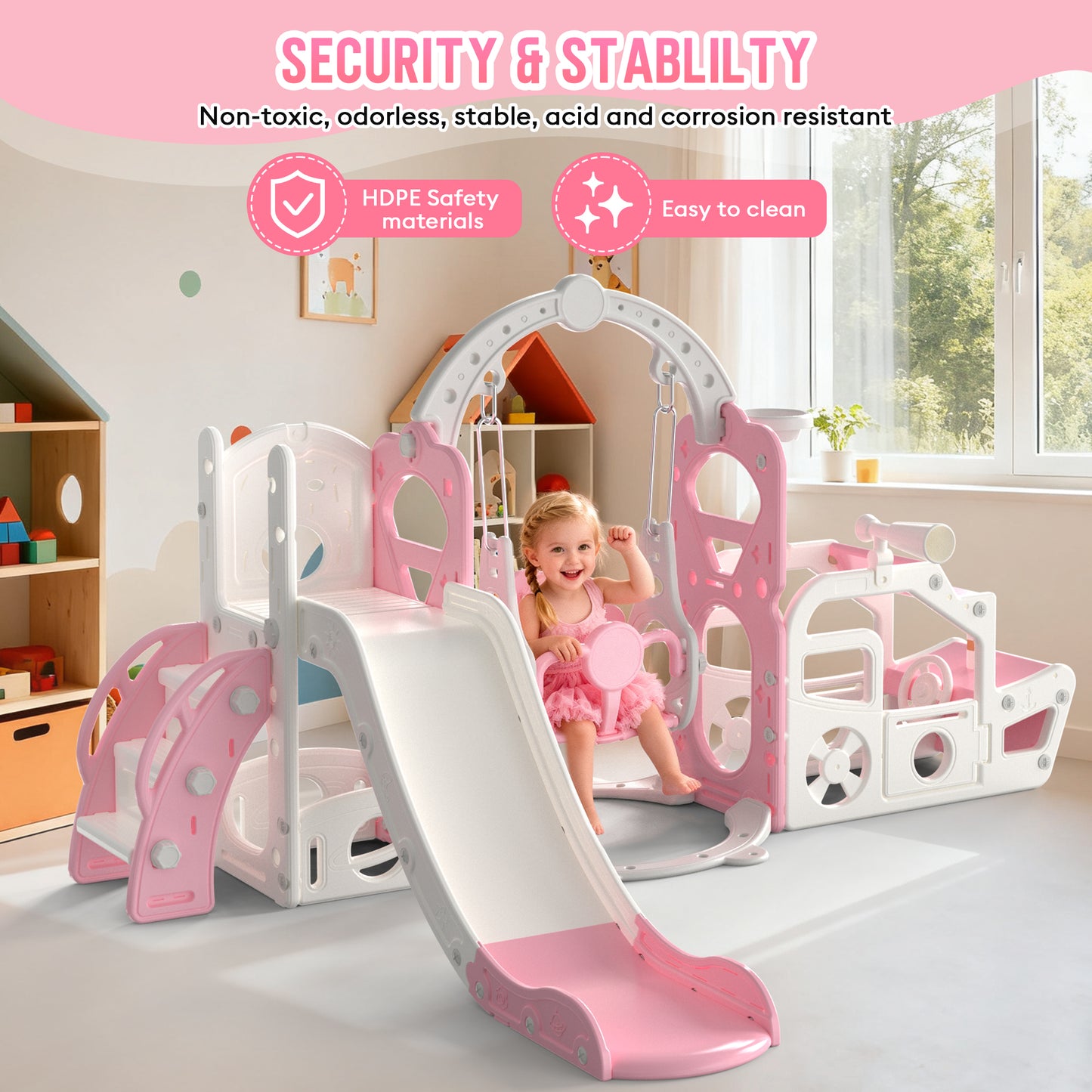 Vipuse 6 in 1 Kid Slide, Indoor and Outdoor Toddler Playground for Girls Age 1-3,Pink
