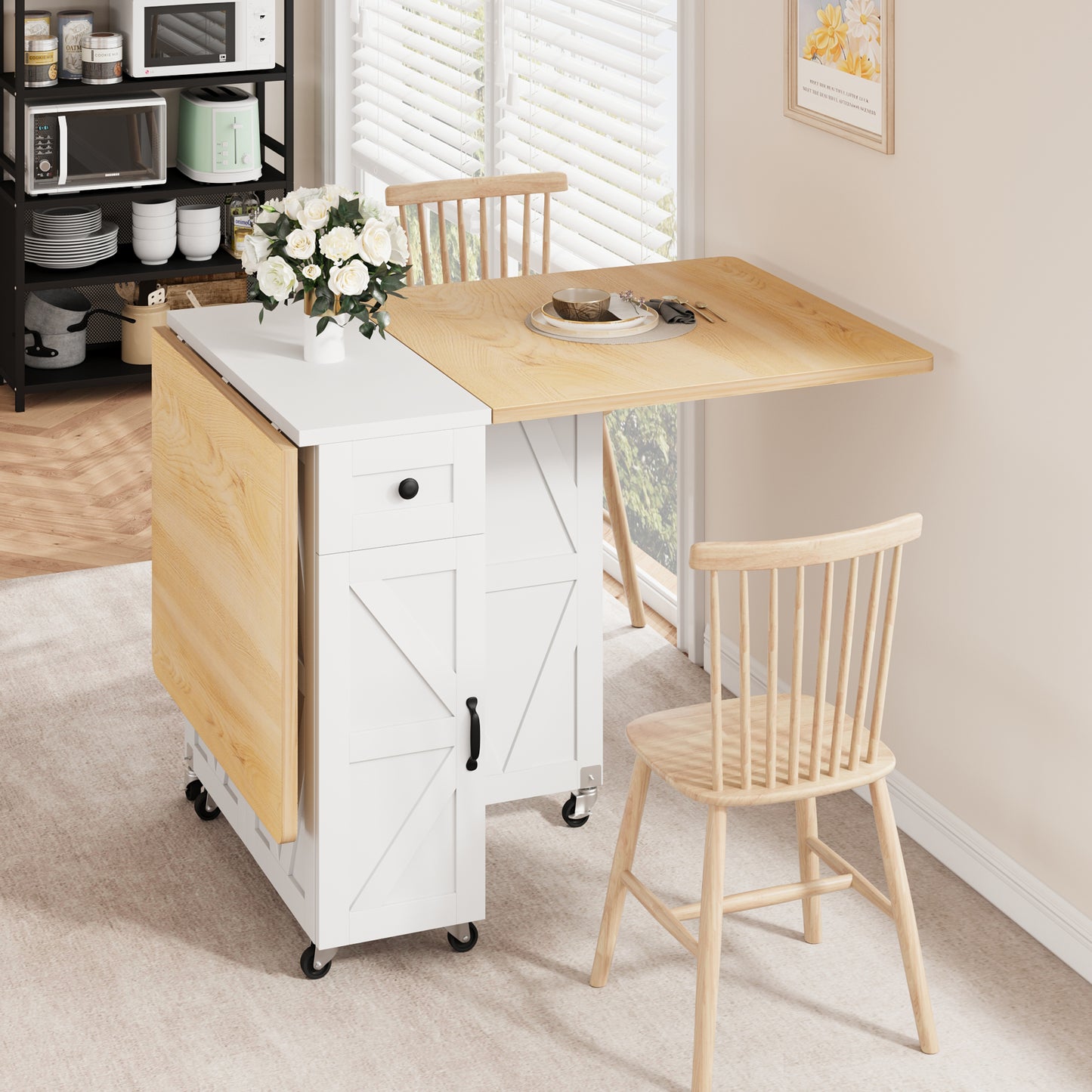 Anyact Space Saving Versatile Folding Kitchen Dining Table with Wheels & Storage Shelf for Small Apartment