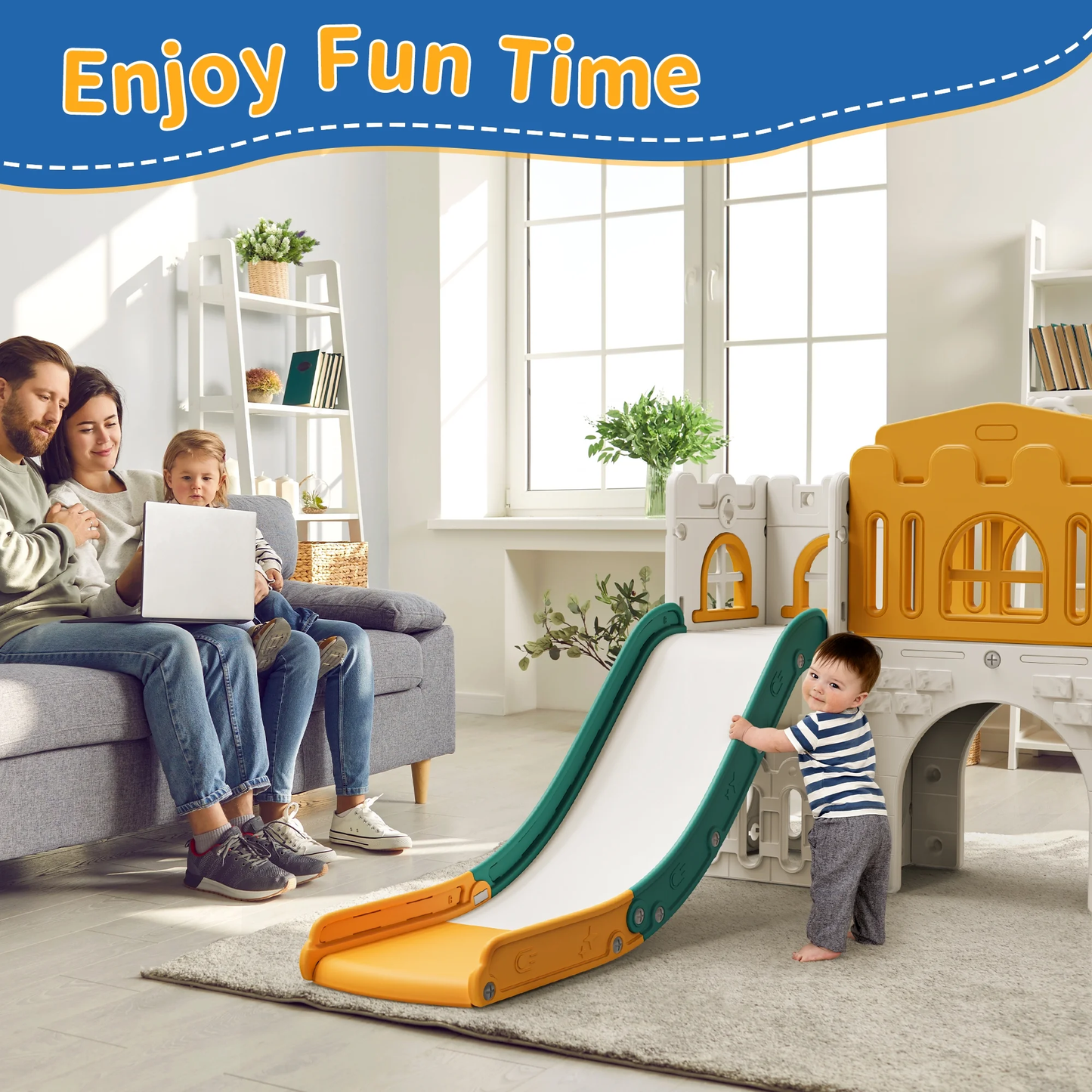 WFUN 9 in 1 Outdoor Freestanding Kids Slide Set for Toddlers Age 1+, Playground Set for Backyard, Yellow & Green