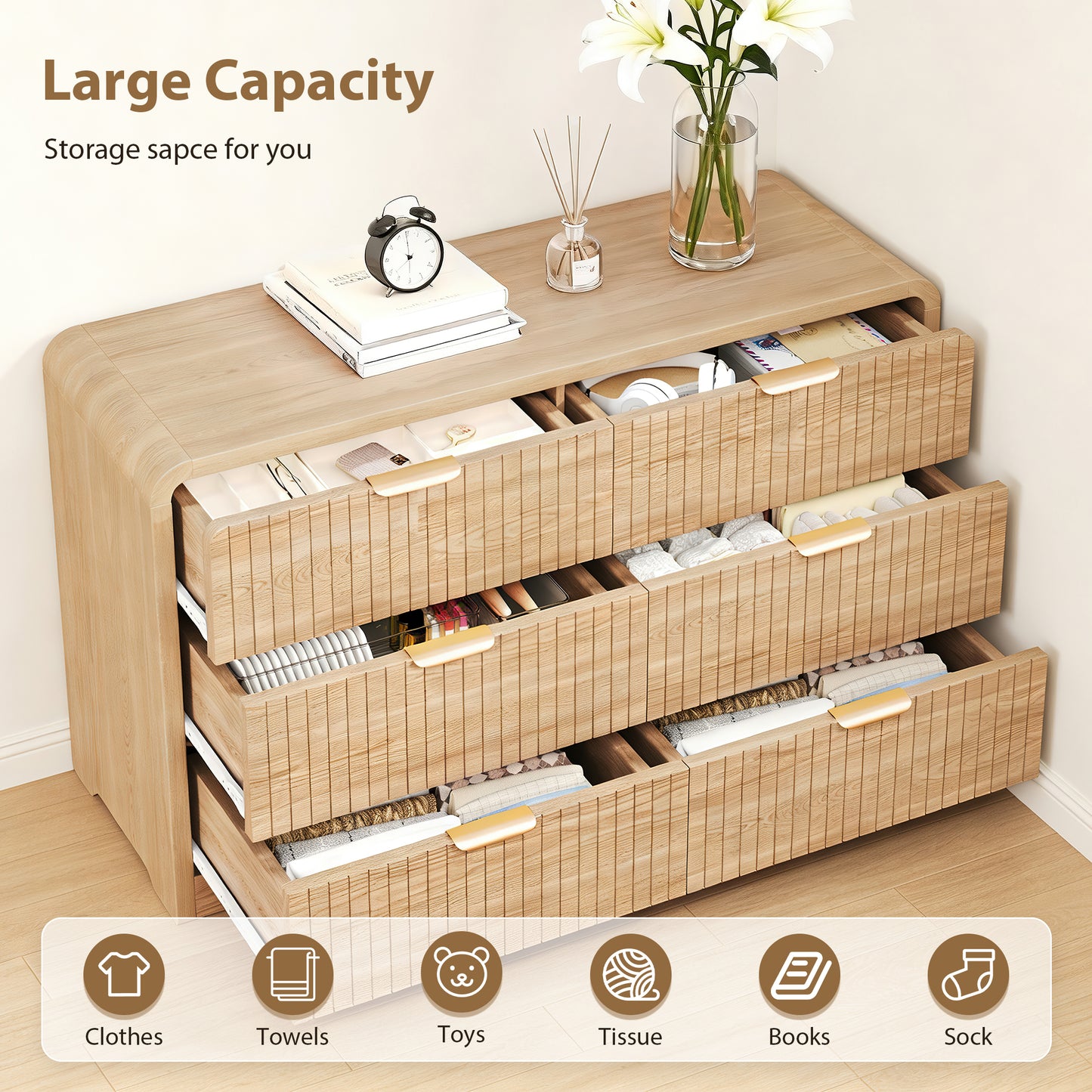 Hijob Modern 6 Drawers Dresser for Bedroom, 47.3" Long Dressers with Metal Handle w/Curved Profile Design, Wood Mid Century Vertical Dresser w/Natural Texture for Bedroom, Living Room, Natural Oak