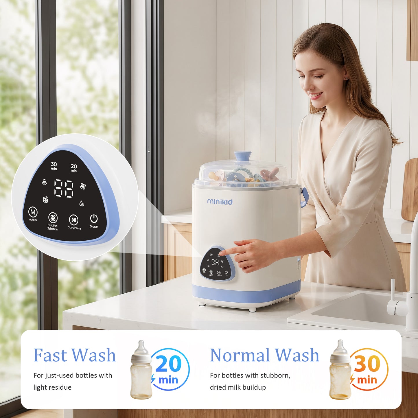 Minikid Baby Bottle Washer, Sterilizer & Dryer, All-in-One Cleaning Machine for Bottles, Pump Parts & Baby Essentials, Includes 30 Detergent Tablets