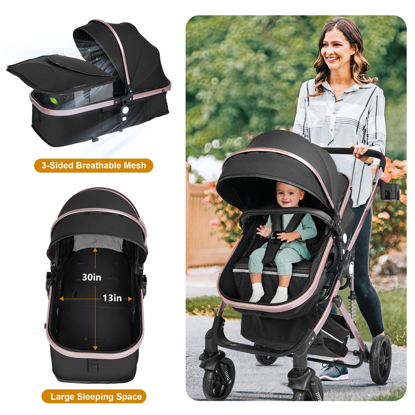 Welbabel Coches Para Bebes,Foldable Baby Stroller Reversible Bassinet,Mom Push Stroller with Adjustable Canopy,Removable Footmuff, Adjustable Backrest,Toddler Stroller for 0-36 Months Baby,Black