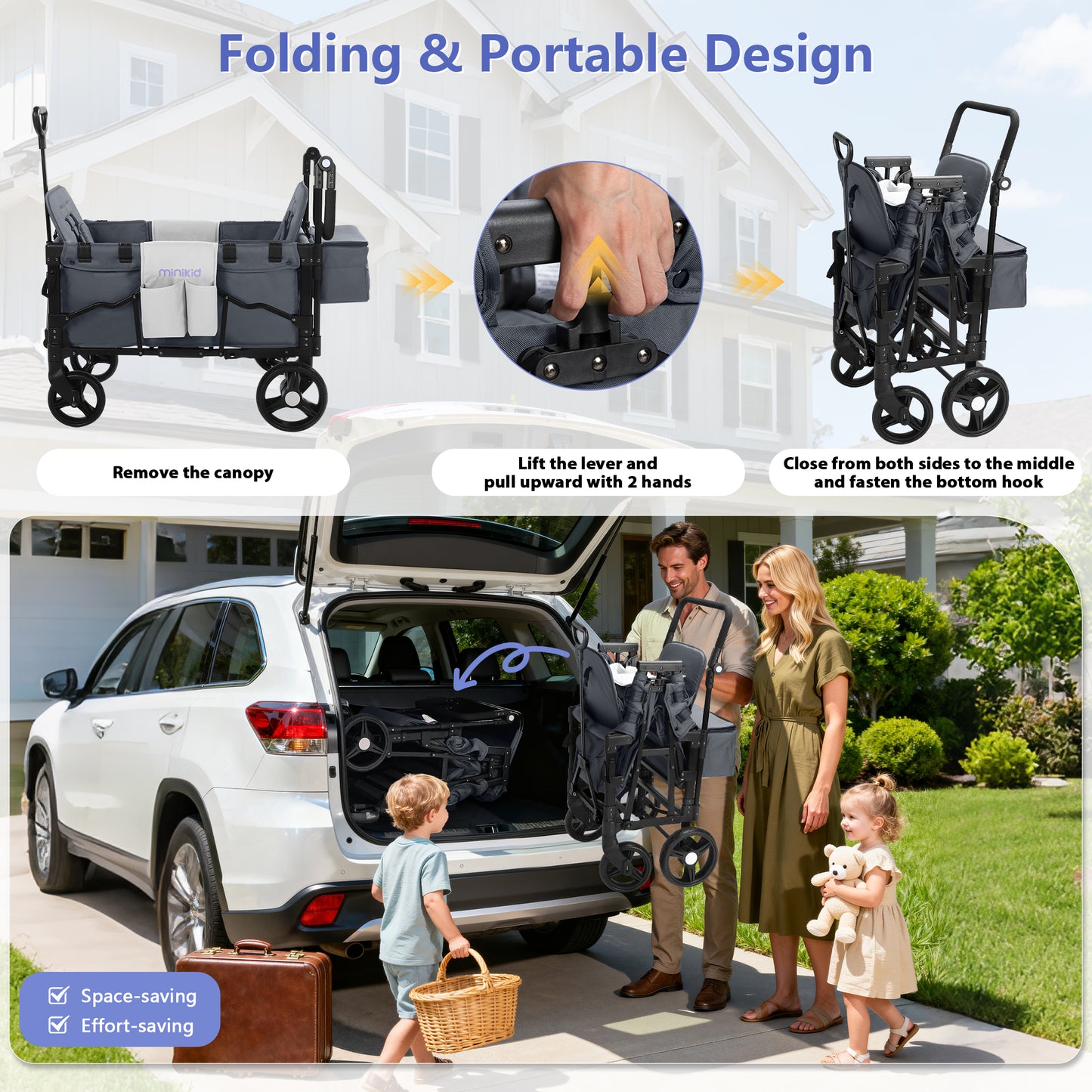 Minikid Stroller Wagon for 2 Kids, Baby Wagon Stroller with Adjustable Handle for Infants and Toddlers Includes Canopy & Organizer, Foldable and Convenient for Storage