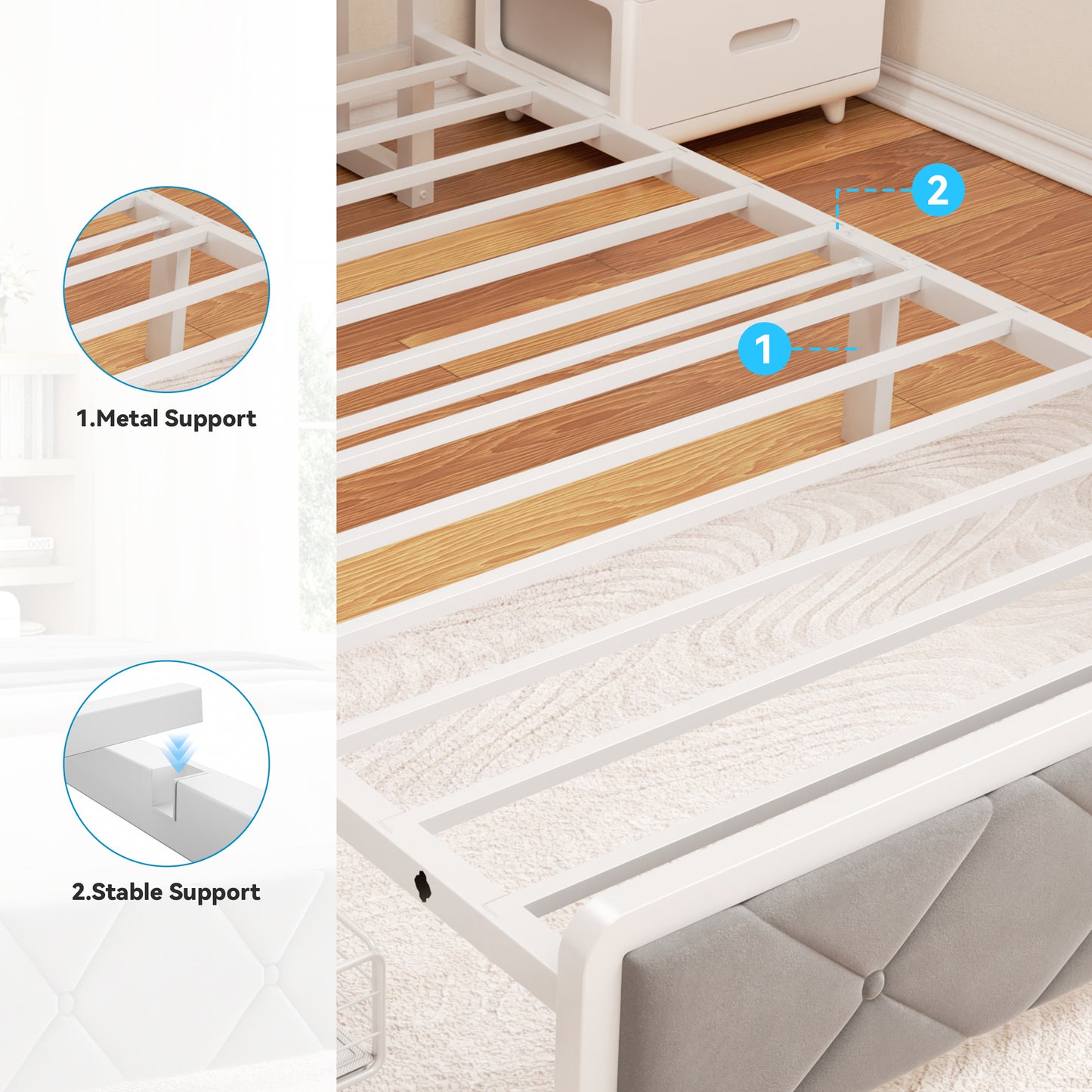 Anyact Twin size Bed frame with 2 storage drawers and Headboard Metal Platform Bed Frame & LED Light Headboard, Built in Charging Station and Easy Assembly/Noise-Free, Gray