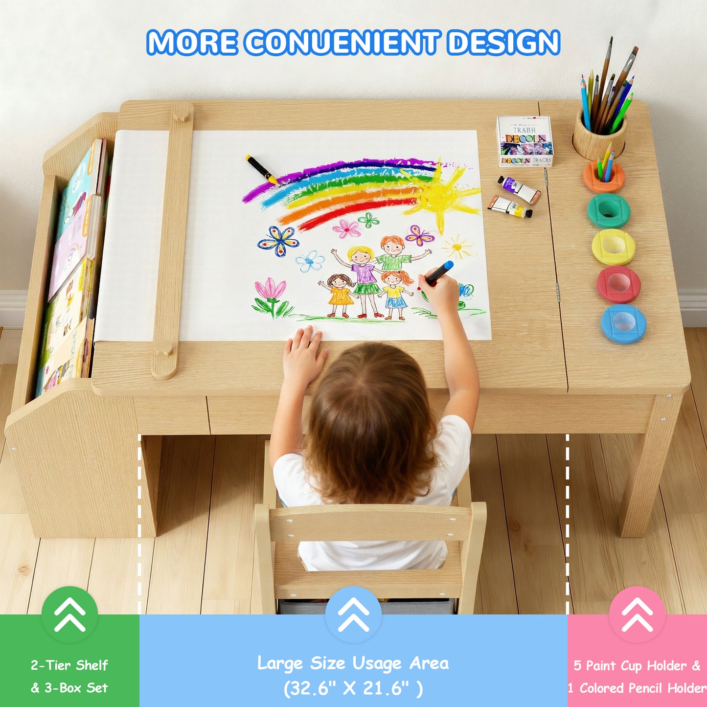 Hijob 5-in-1 Kids Art Table & Chair Set – Convertible Easel with Paper Roll Holder, Storage Drawers & Foldable Craft Desk, Toddler Activity Learning Center for Playroom, Natural Wood