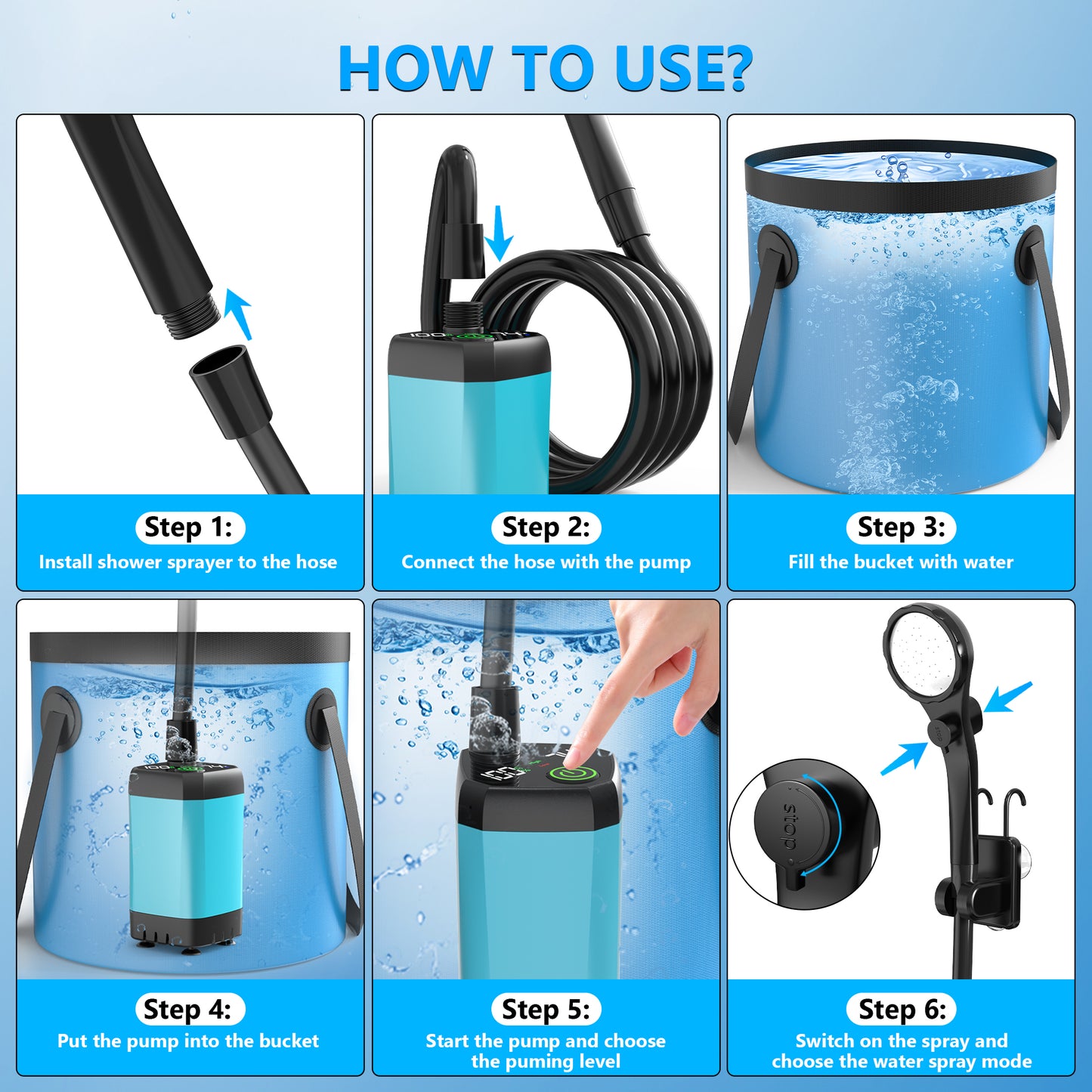 Vipuse 7800mAh Battery Powered Portable Bath Shower Kit with Foldable 5 Gallon Bucket for Hiking/Travel/Car/Pet Washing