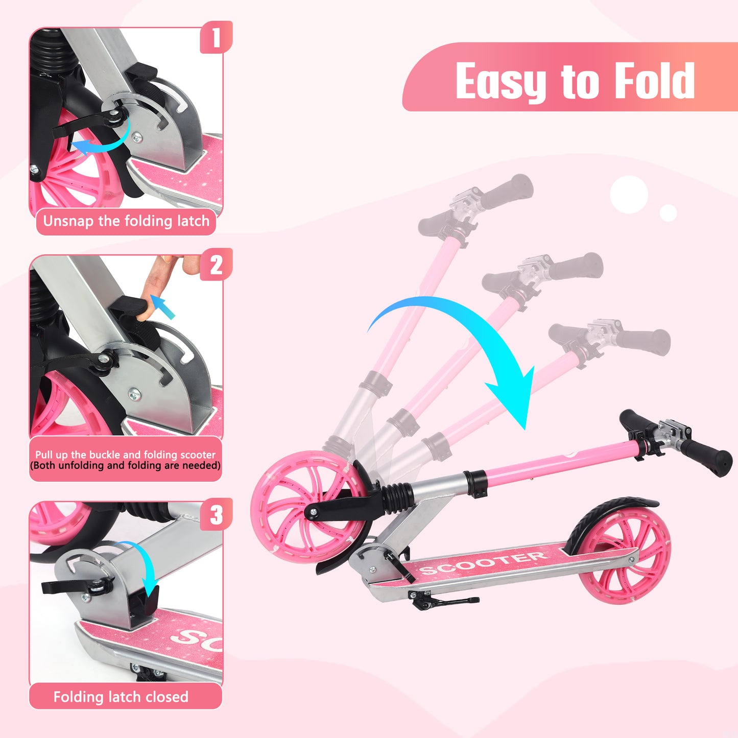 Skyhot Kick Scooter for Ages 6+, Sturdy Wide Deck Rear Brake Scooter for Teens, Pink