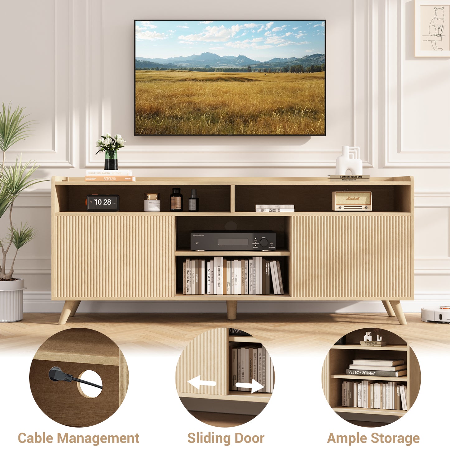 Nifamembo Modern Fluted-Door TV Stand for 65 Inch TV, Entertainment Center with Storage Cabinets for Living Room