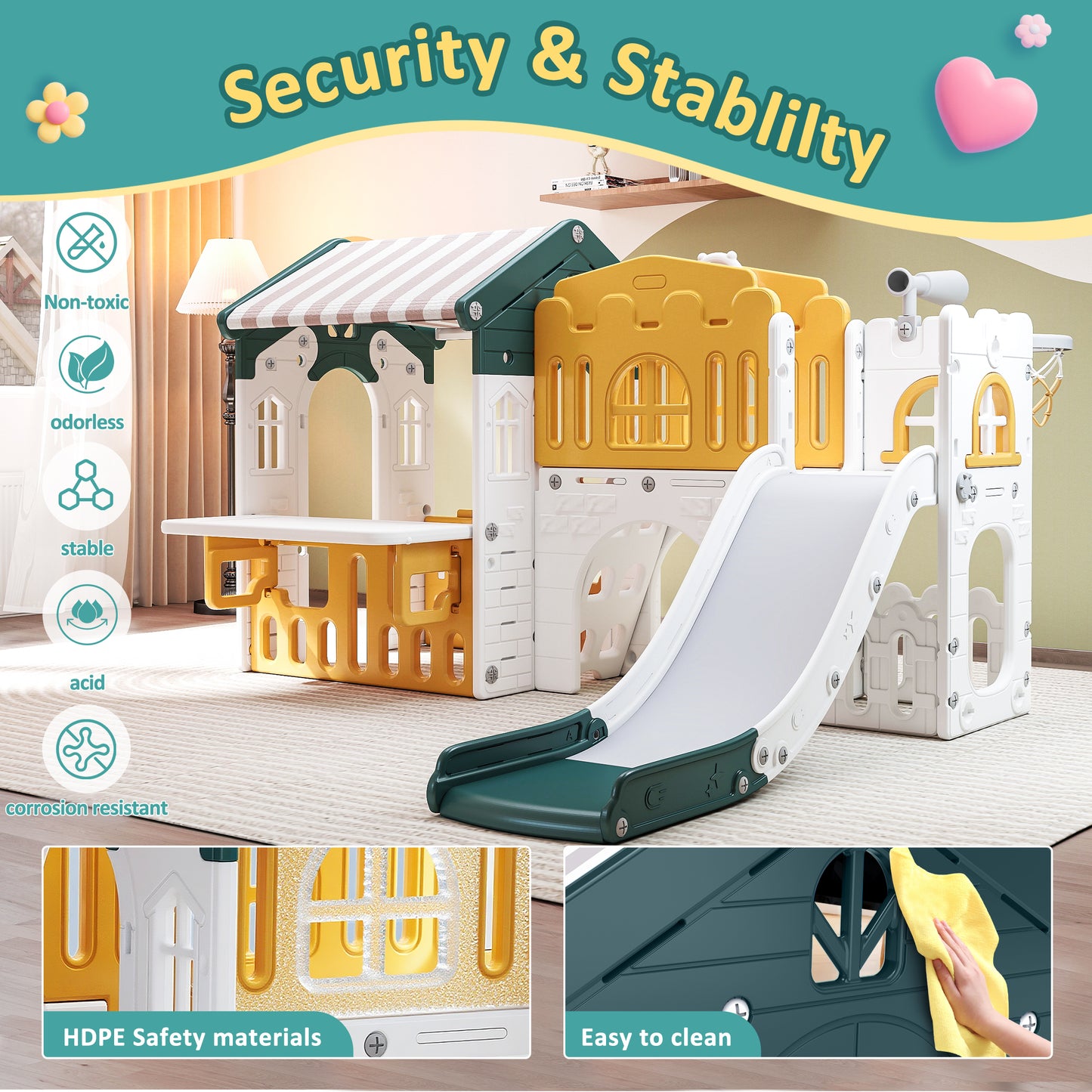 Vipuse Playhouse Playsets with Slide, 9 in 1 Playground Toddler Slide for Indoor Outdoor Backyard,Yellow & Green