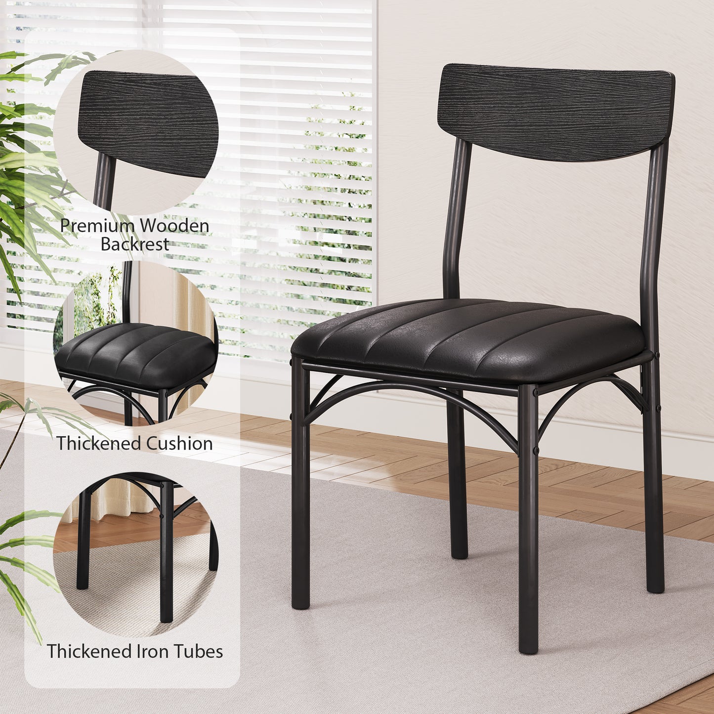 Hijob 18" Dining Chairs Set of 4, Mid-Century Modern Upholstered PU Dining Room Chair, Metal Legs for Kitchen Dining Chairs, Black