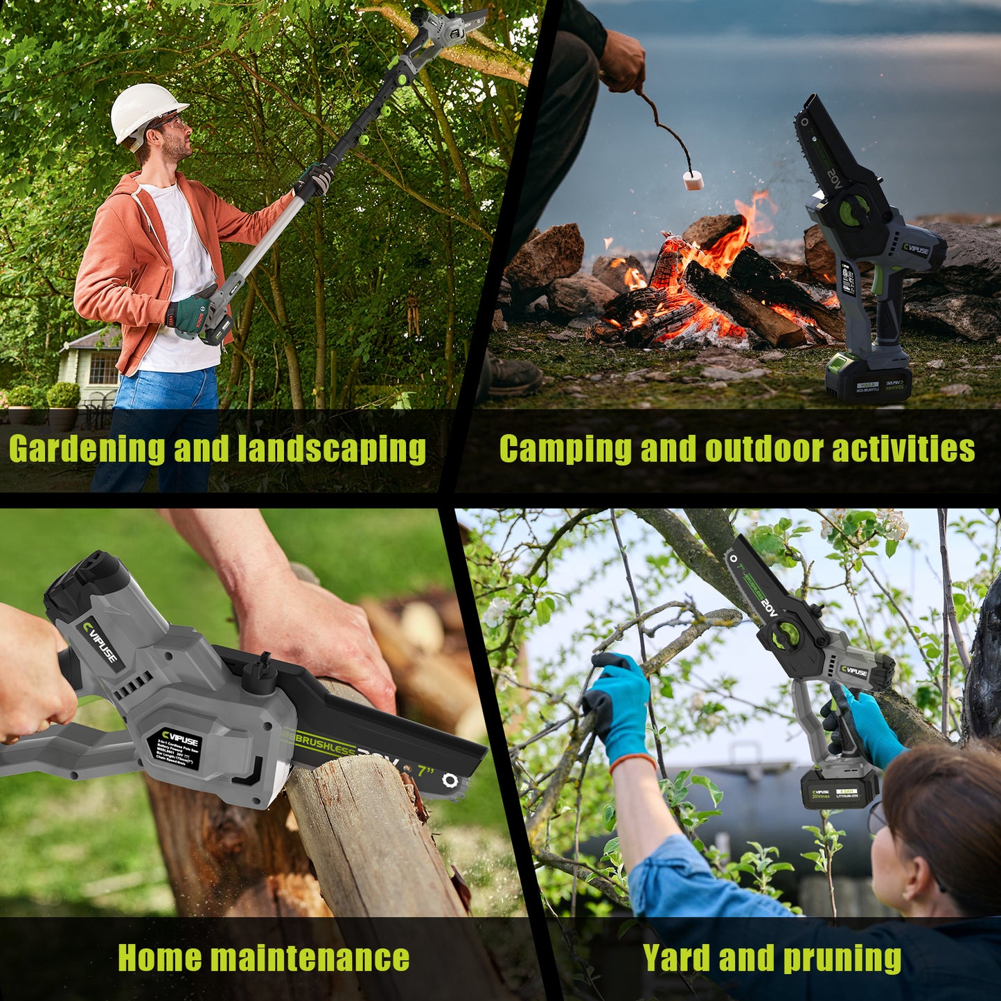 Vipuse 2-in-1 Brushless Cordless 16 FT Max Extension Pole Saws with Two 4.0Ah Rechargeable Batteries and 2.0Ah Fast Charger, 5.5lb Lightweight Auto Oiling 7 Inch Mini Chainsaws for Tree Trimming